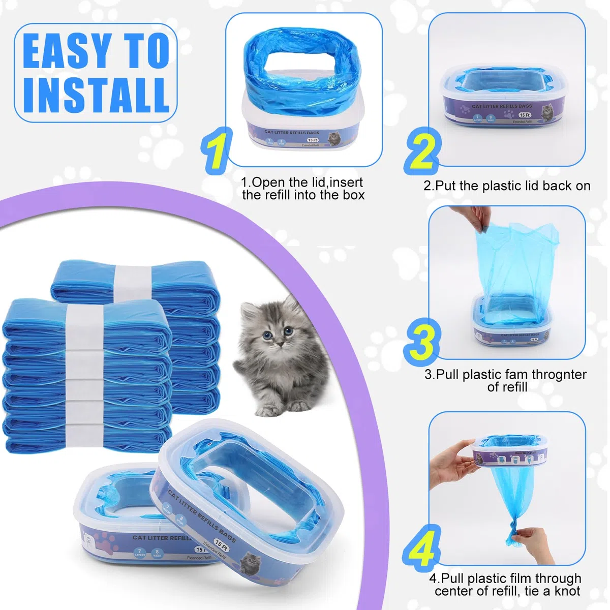 10 sacchetti di ricarica per lettiera per gatti,compatibili con i modelli Litter Genie Standard,Plus,XL e Style,Sacchetti di ricambio per lettiera per gatti,con potente azione deodorante,colore blu