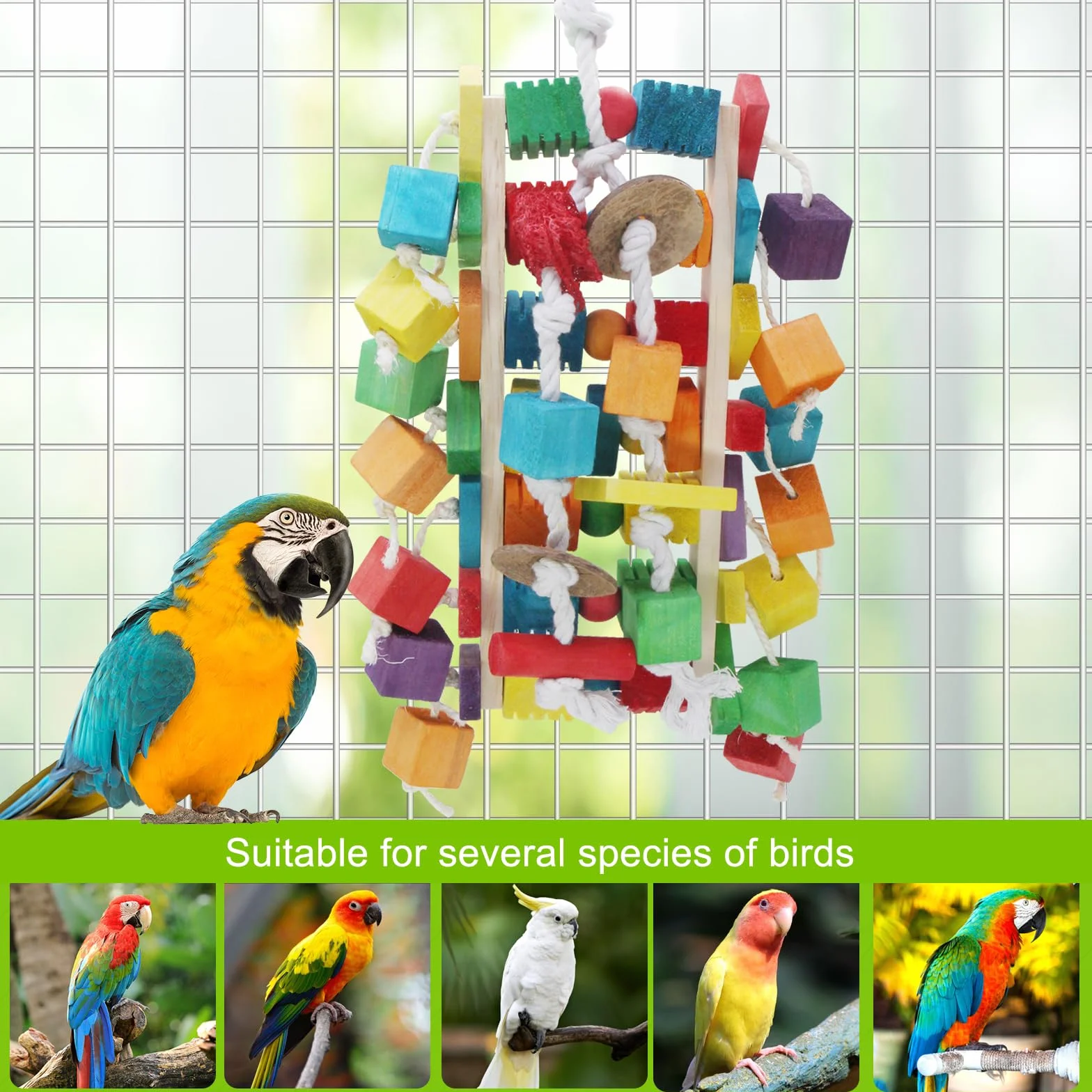 MQUPIN Grandi giocattoli per pappagalli per uccelli, blocchi di legno colorati di diverse forme, 56 cm, blocchi di legno naturale per pappagalli grigi africani, amazzoni, cacatua e ara