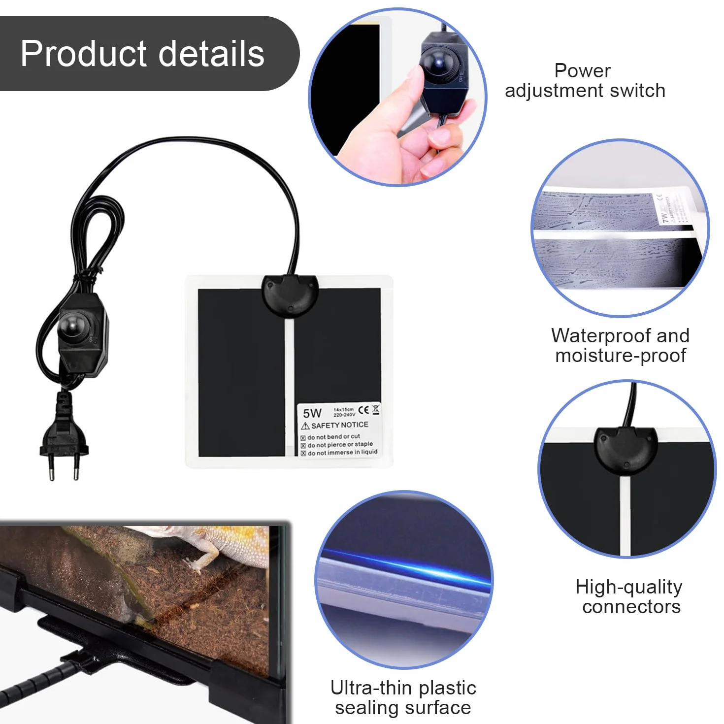 Tappetino riscaldante per terrario Tappetino riscaldante per rettili Heating Mats for Reptiles per lucertole, Tartarughe, scorpioni, gechi e Altri Anfibi（20w 42 * 28cm）