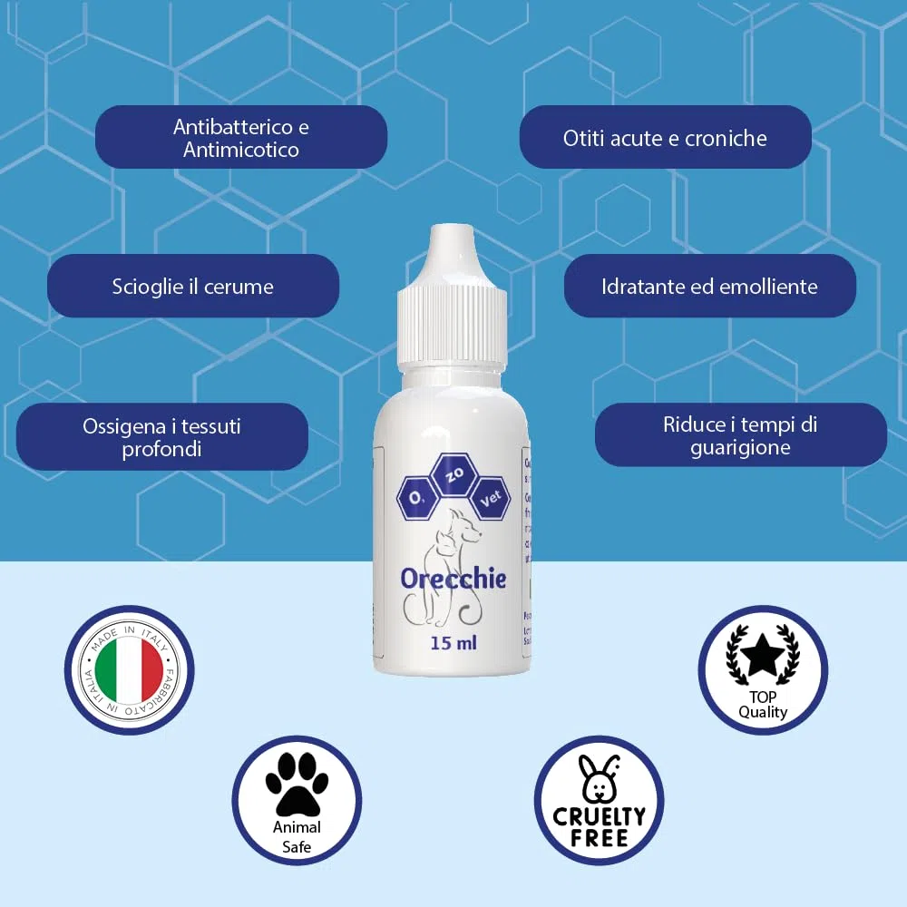 Ozo-Vet |Orecchie Cane 15ml – Contro Otiti Acute e Croniche di Origine Allergica, Batterica e Micotica