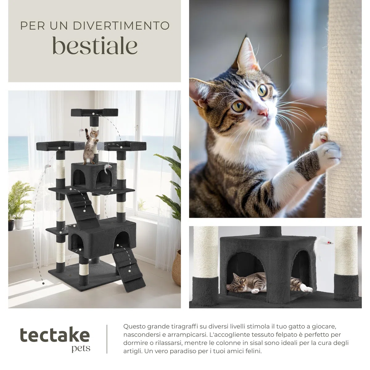 tectake® Tiragraffi per Gatti, Albero per Gatto con 2 Casette in Peluche, 4 Topolini da Gioco per Felini, 3 Piattaforme, Struttura Robusta, Tiragraffi felino a più Piani - Nero