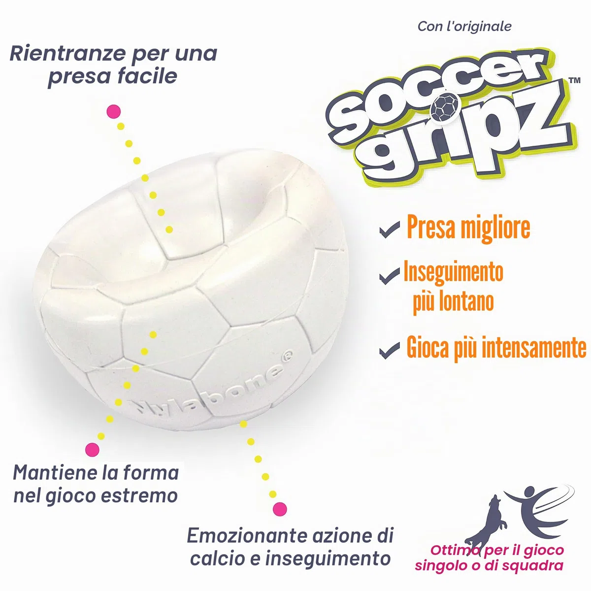 Nylabone Power Play Gripz - Palla da calcio per cani, con design facile da raccogliere, misura media, 14 cm