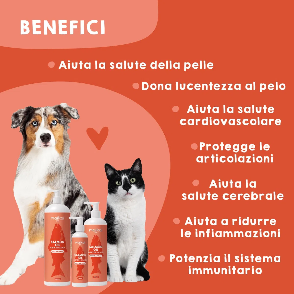 MAIKAI Olio di Salmone per Cani e Gatti 100% Naturale Norvegese 1LRicco di Omega 3 6 e 9 Migliora Pelle e Pelo - Supporta Articolazioni e Sistema Immunitario - Appetizzante Naturale per Animali