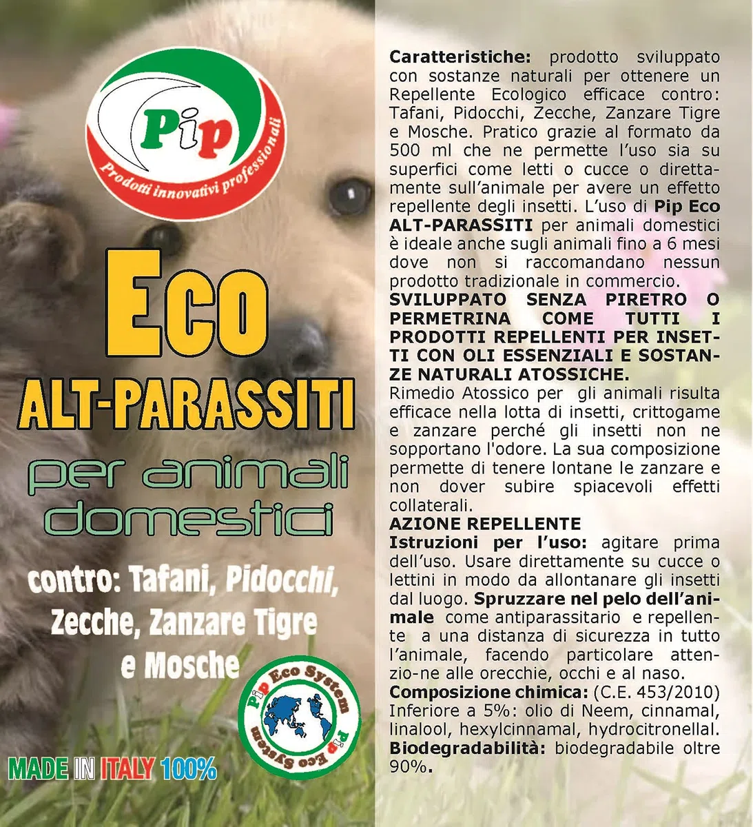 PIP Eco Alt Parassiti, Antiparassitario per Cani e Gatti Spray Olio di Neem Vegetale, Made in Italy - Repellente contro Pulci, Zecche, Pappataci, Pidocchi - Adatto a per Tappeti e in Auto
