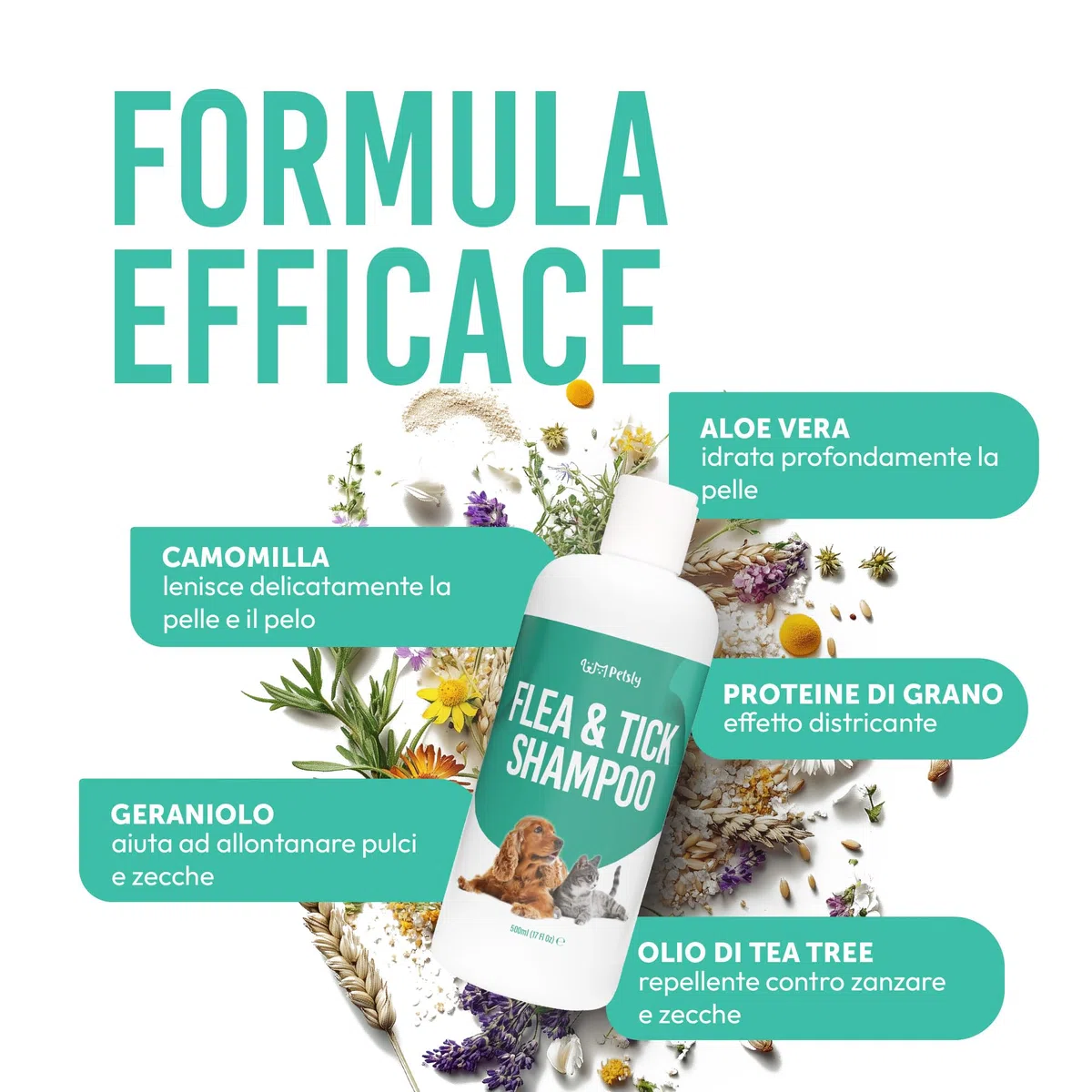 Petsly® Shampoo Antipulci per Cani e Gatti –500 ml– Elimina Pulci e Zecche - pH Bilanciato per Pelli Sensibili, Deterge e Protegge – Formula Delicata con Aloe Vera e Camomilla – Adatto a Cuccioli