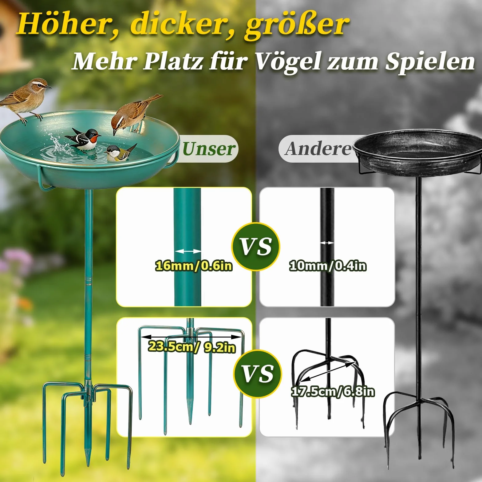 Mellbree Abbeveratoio per uccelli in piedi, 25 cm, grande bagno per uccelli con asta di seduta, multifunzionale per giardino, abbeveratoio per uccelli in metallo blu mare con decorazione dorata
