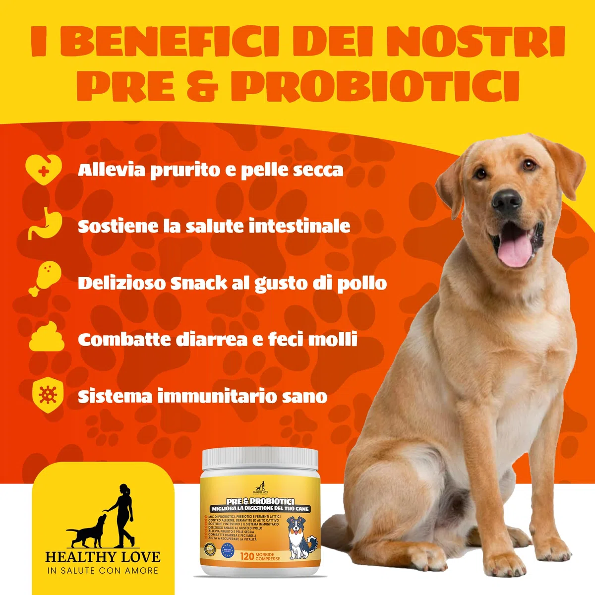 HEALTHY LOVE Probiotici per Cani, 120 Morbidi Snack Salutari, Appetibilità Unica, Fermenti Lattici Cane Per Migliore Digestione, Ebook, Probiotici Cane Contro Prurito e Diarrea, Probiotico Cani 240g