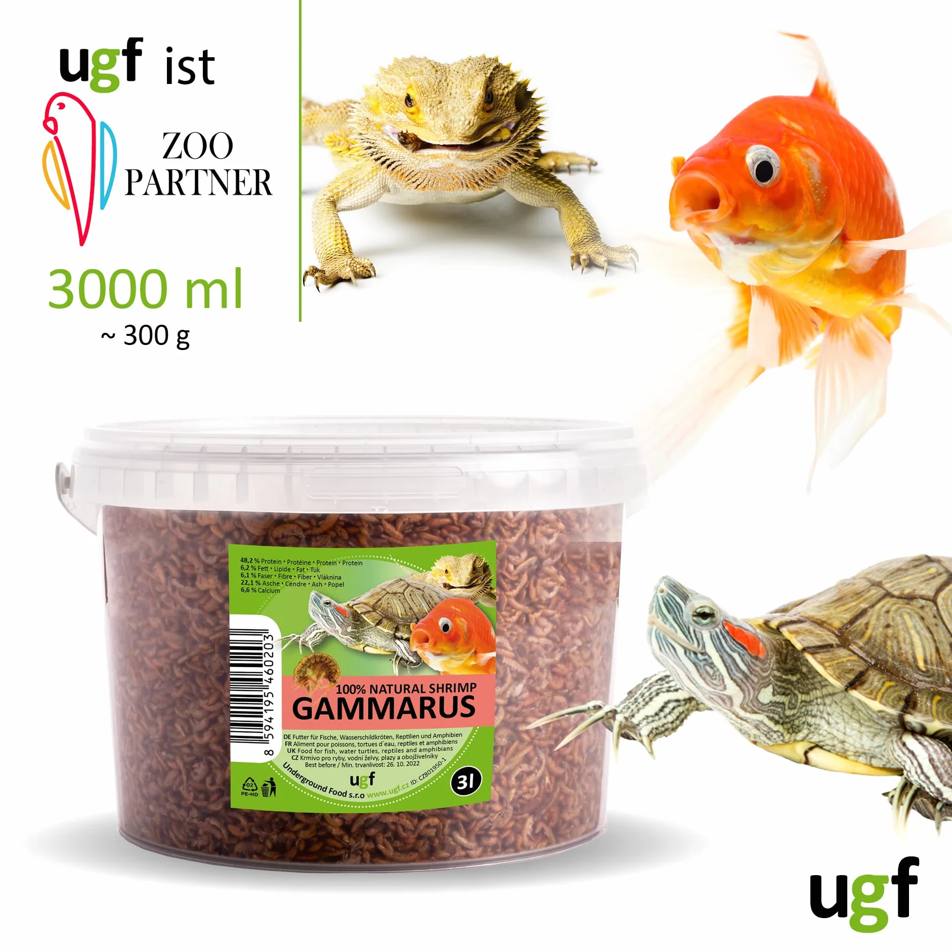UGF - Gamberetti d'acqua dolce essiccati Premium Gammarus - 318 g in un secchio da 3 litri, cibo per tartarughe, cibo per pesci d'acquario, axolotl, criceti, ricci, koi, ratti