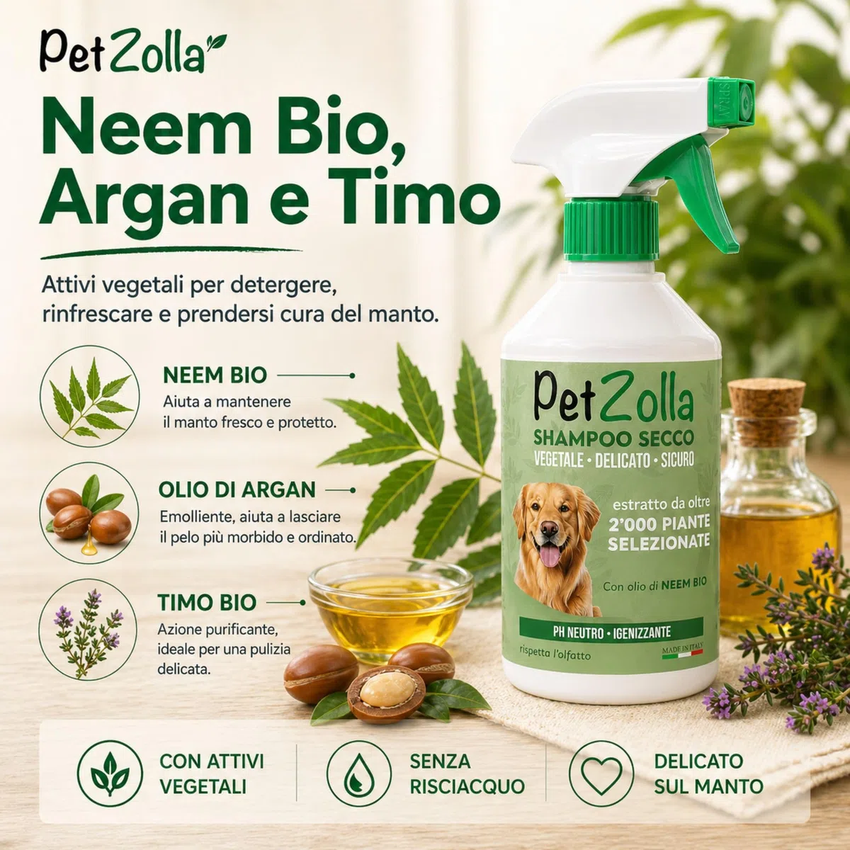 Shampoo secco per cani senza risciacquo 750 ml Idrata e igienizza, Shampoo a secco per cani naturale con olio di neem, argan e timo, sicuro anche per cuccioli - Made in Italy