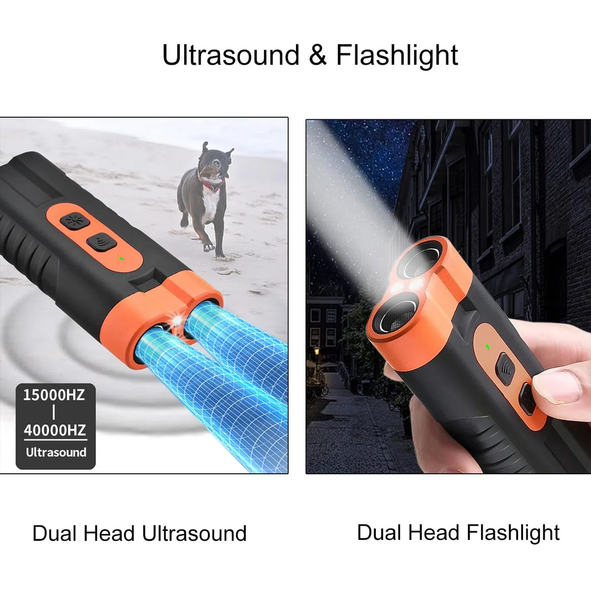 Dispositivo anti abbaio con repellente per cani ad ultrasuoni Torcia portatile Doppia testa ricaricabile Formazione comportamentale di lunga durata per cani indoor outdoor