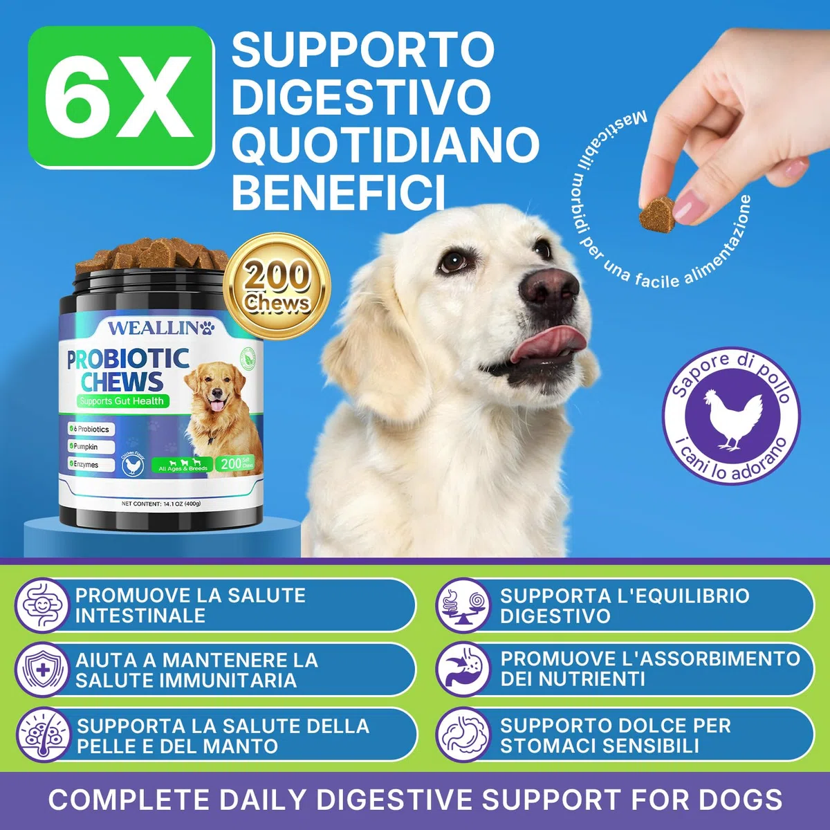 Probiotici per Cani, Prebiotici per la Salute Intestinale–Supporta la Salute Digestiva e l’Assorbimento dei Nutrienti–200 Bocconcini Morbidi che Supportano la Salute della Pelle e la Salute Generale