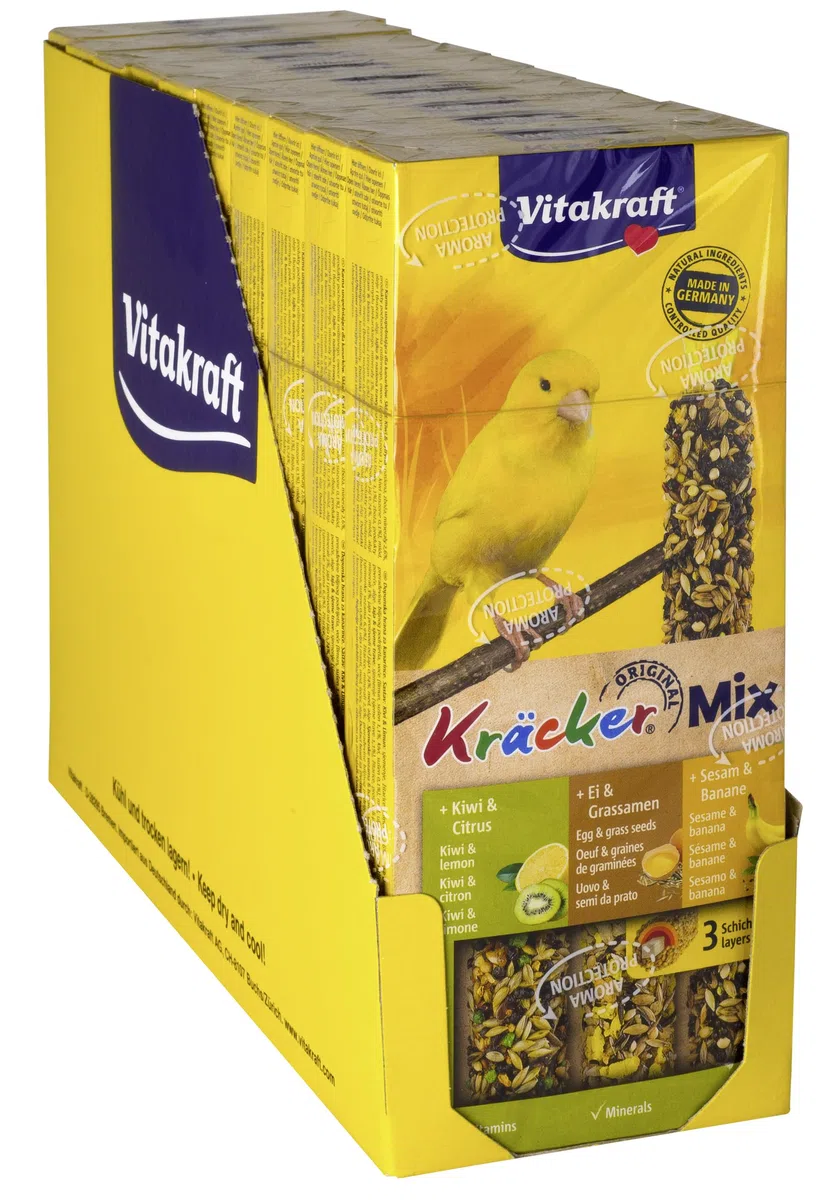 Vitakraft Kräcker Mix, snack per uccelli, per canarini, bastoncini da sgranocchiare, con uovo e semi da prato, con kiwi e limone, con banana e sesamo, senza zuccheri aggiunti (10x 80g)