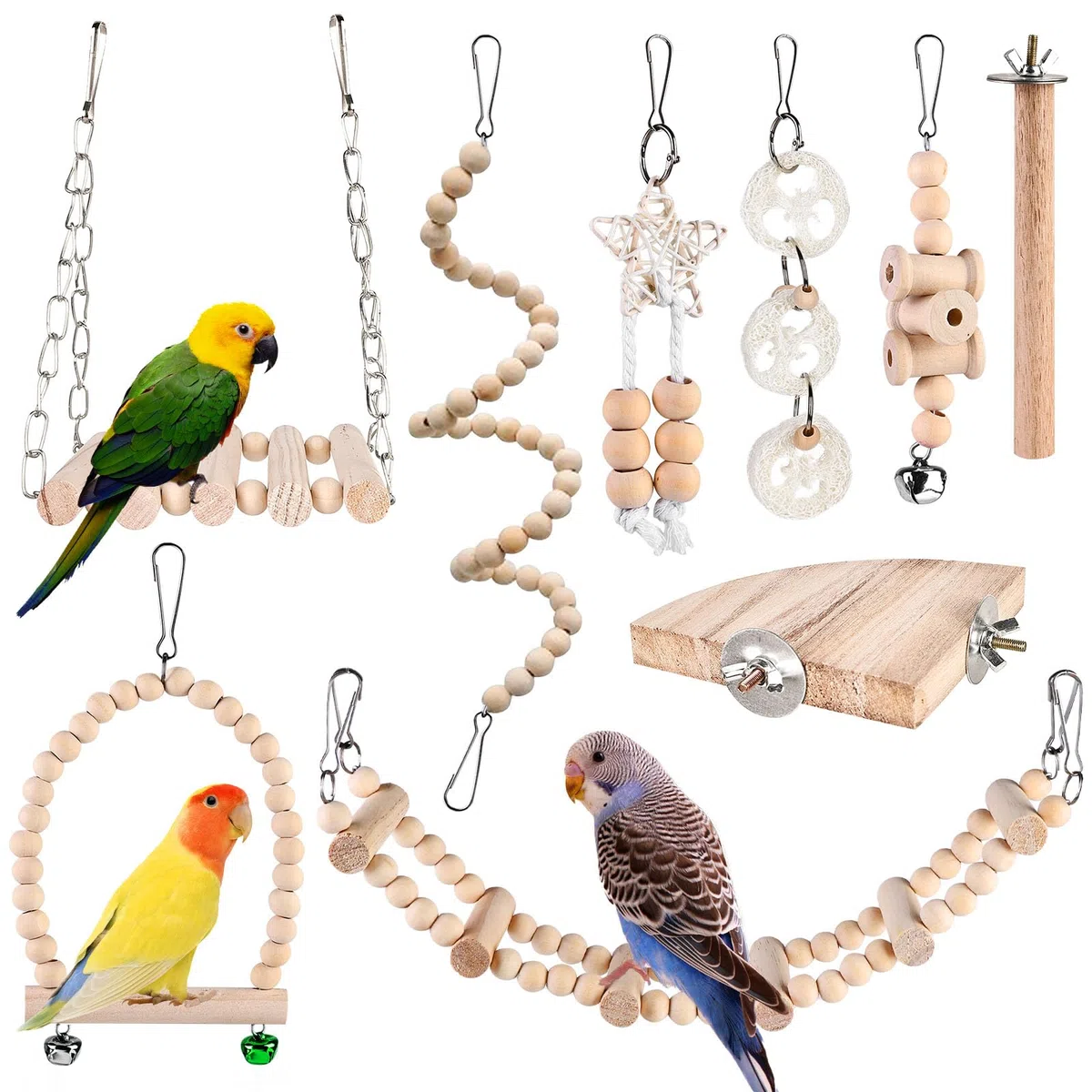 9 Giocattoli per Pappagalli - Accessori per Gabbia, Posatoi in Legno, Piattaforma e Giocattoli da Masticare per Uccelli