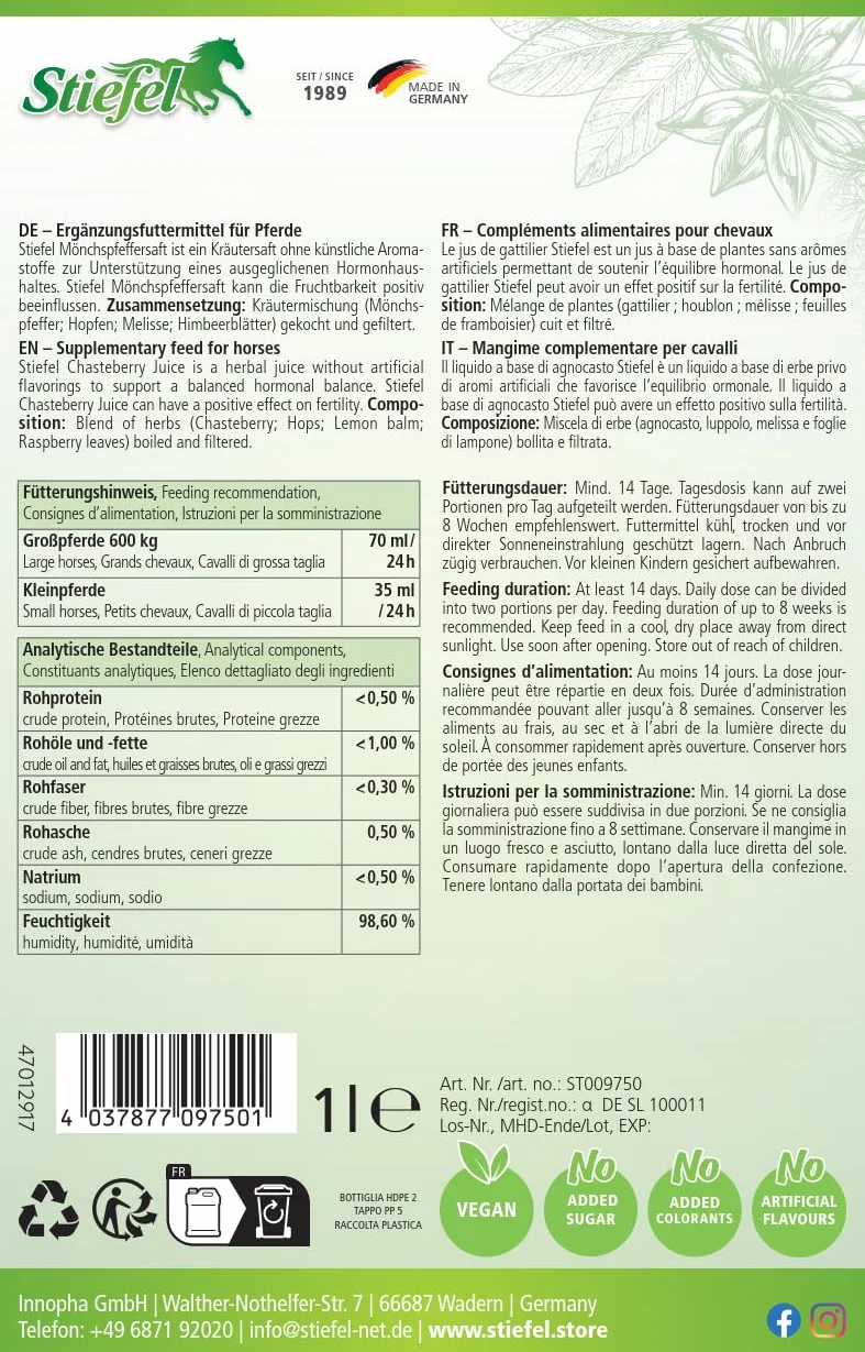 Stiefel Succo di pepe monaco | 1 l | Mangime complementare liquido per cavalli | Aiuto per problemi di rose, amore e cushing | Soluzione naturale per la regolazione degli ormoni