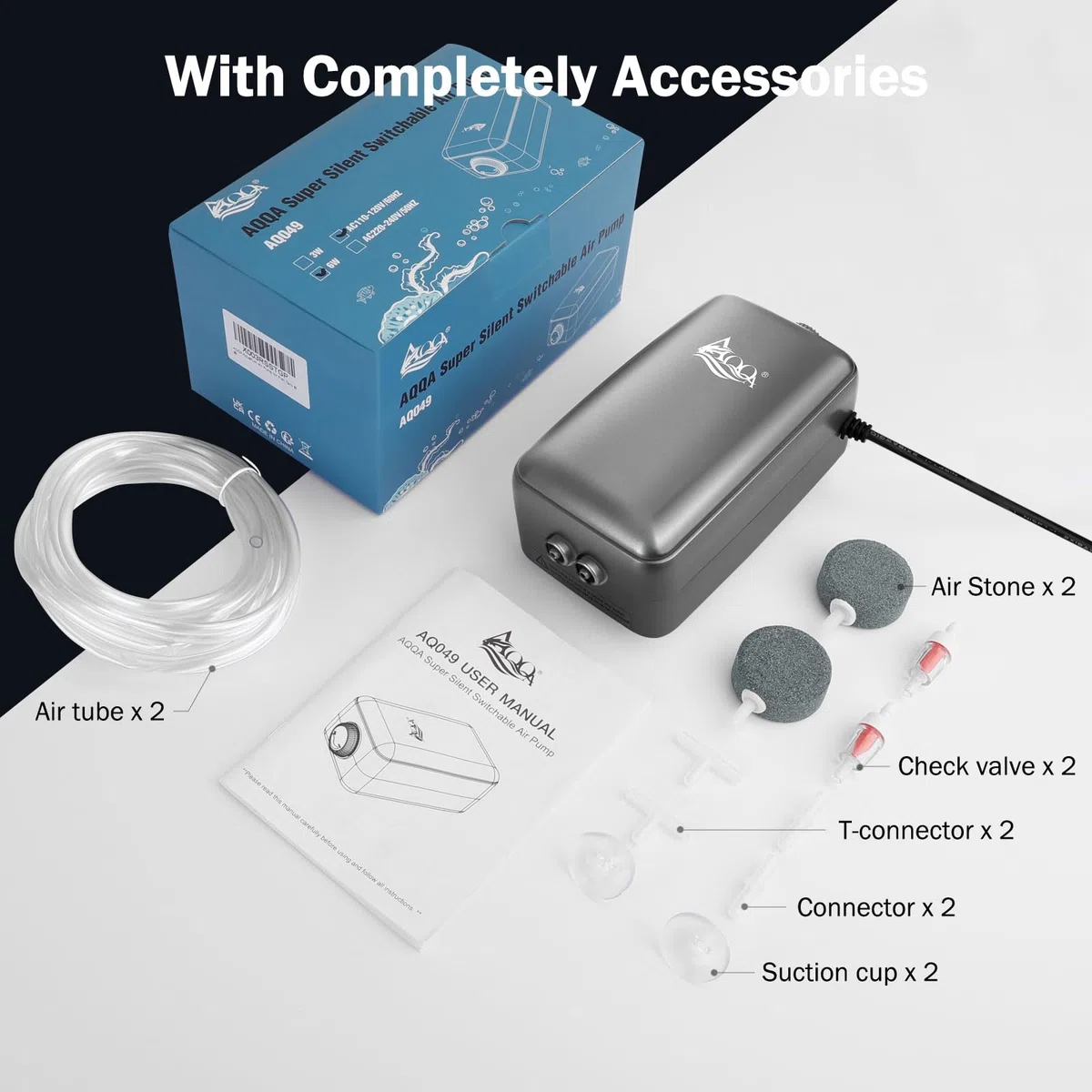 AQQA Ossigenatore per Acquario, ≤ 35dB Ultra-silenziosa Aeratore Acquario, 6W Pompa Aria per Acquario con Tutti Gli Accessori per Acquari da 10-380 Litri di Pesci