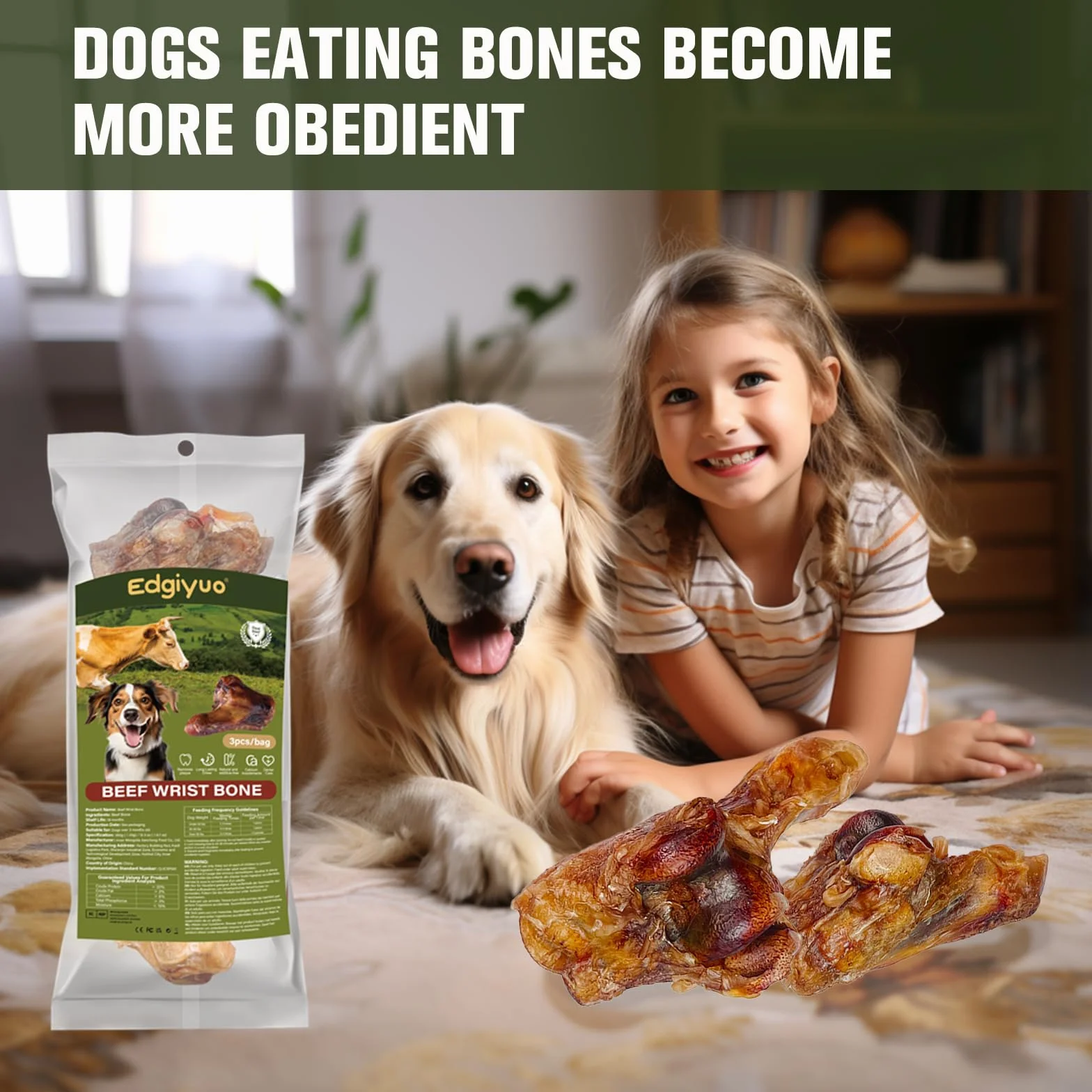 3 pezzi di ossa di polso di manzo nutrito con erba per cani adulti - Snack naturale monocomponente, snack di lunga durata per cani che masticano con forza, razze piccole e grandi (L2)