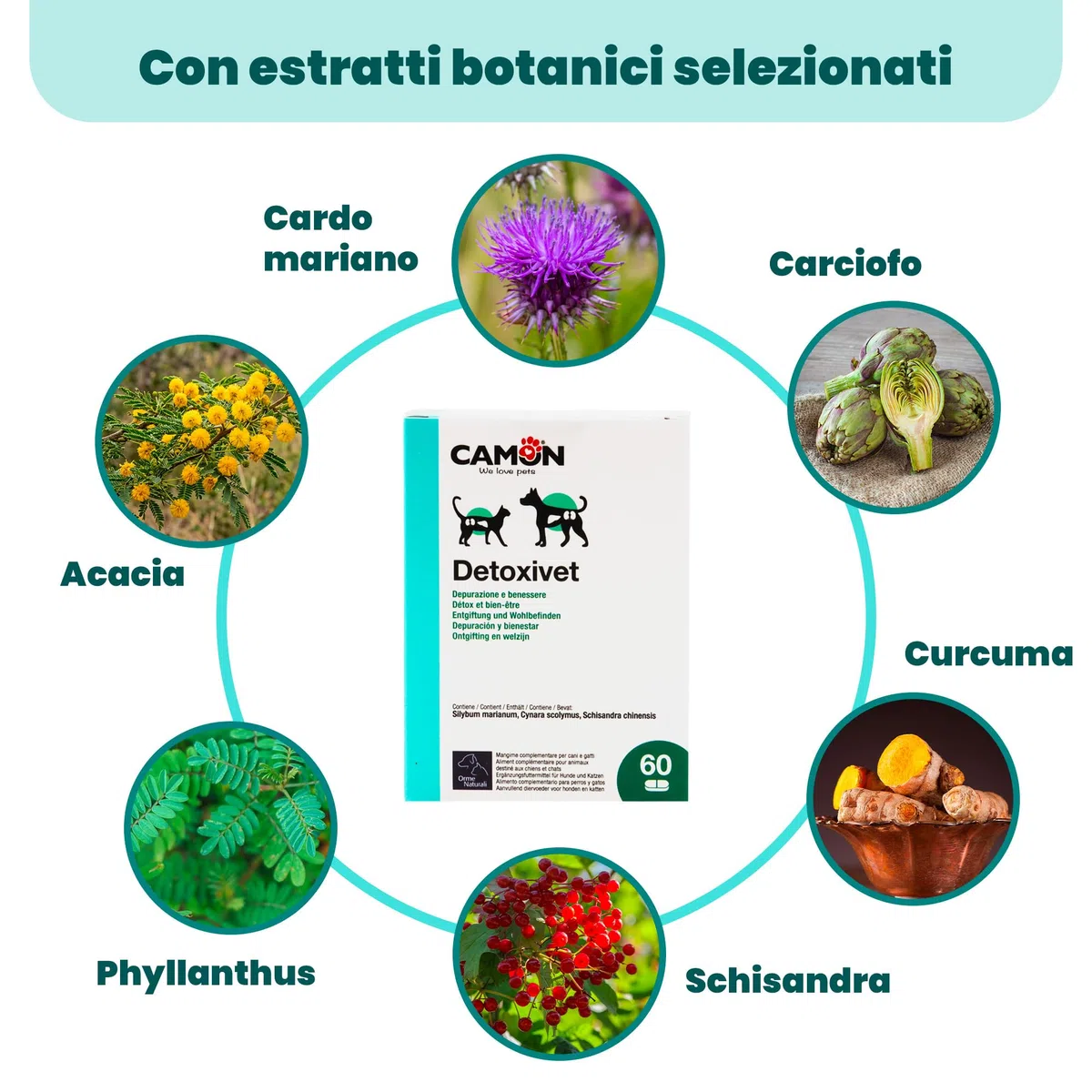 CAMON | Detoxivet Mangime Complementare per Cani e Gatti, Azione Depurativa e Disintossicante, Regola la Funzionalità Intestinale e Renale, 60 Compresse da 1g
