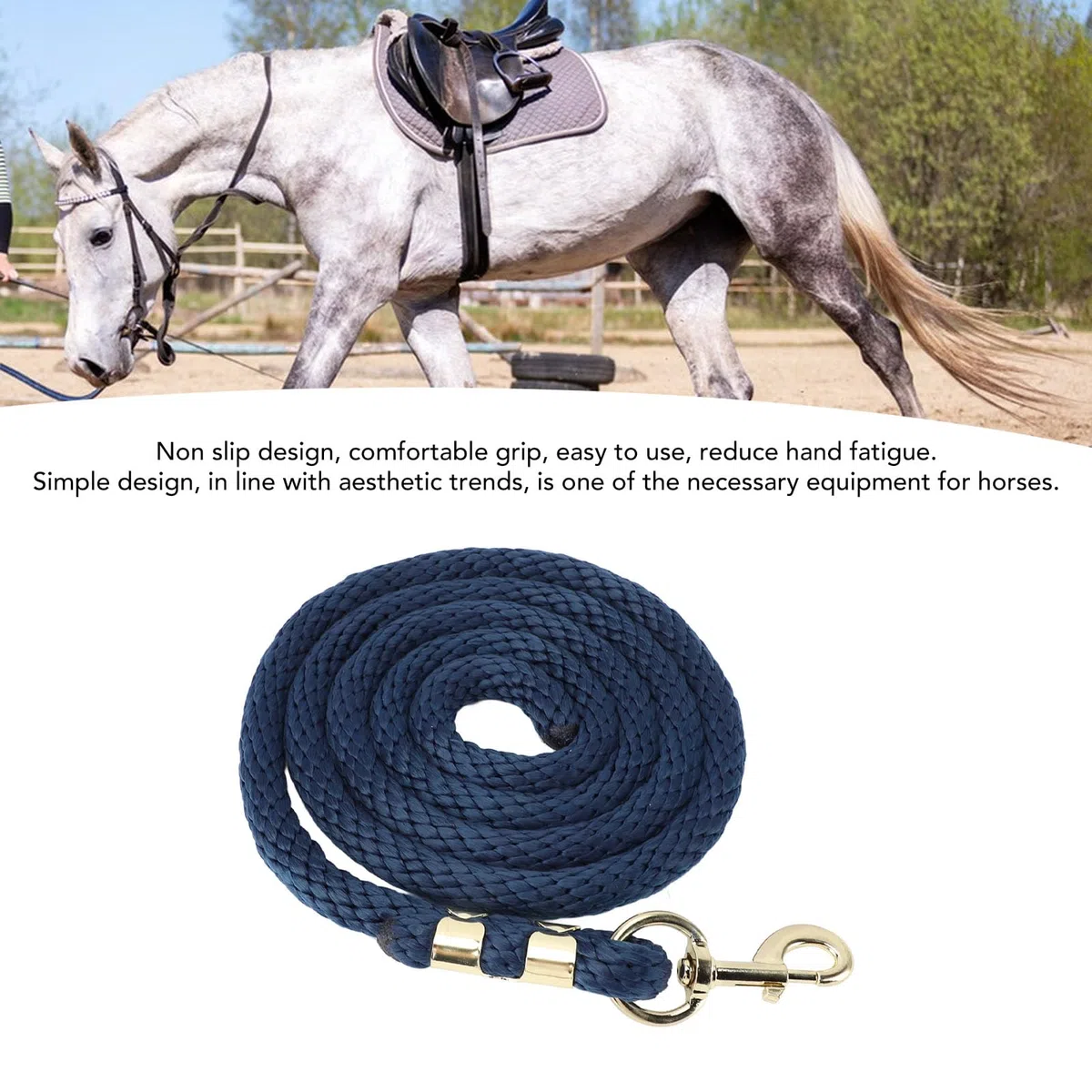 Linea di Affondo a Cavallo Corto da 2 M, Resistenza di Rottura di 1.500 Kg PP PP + Scap in Acciaio Inossidabile per L'allenamento del Puledro, Maneggevolezza (Blu navy)