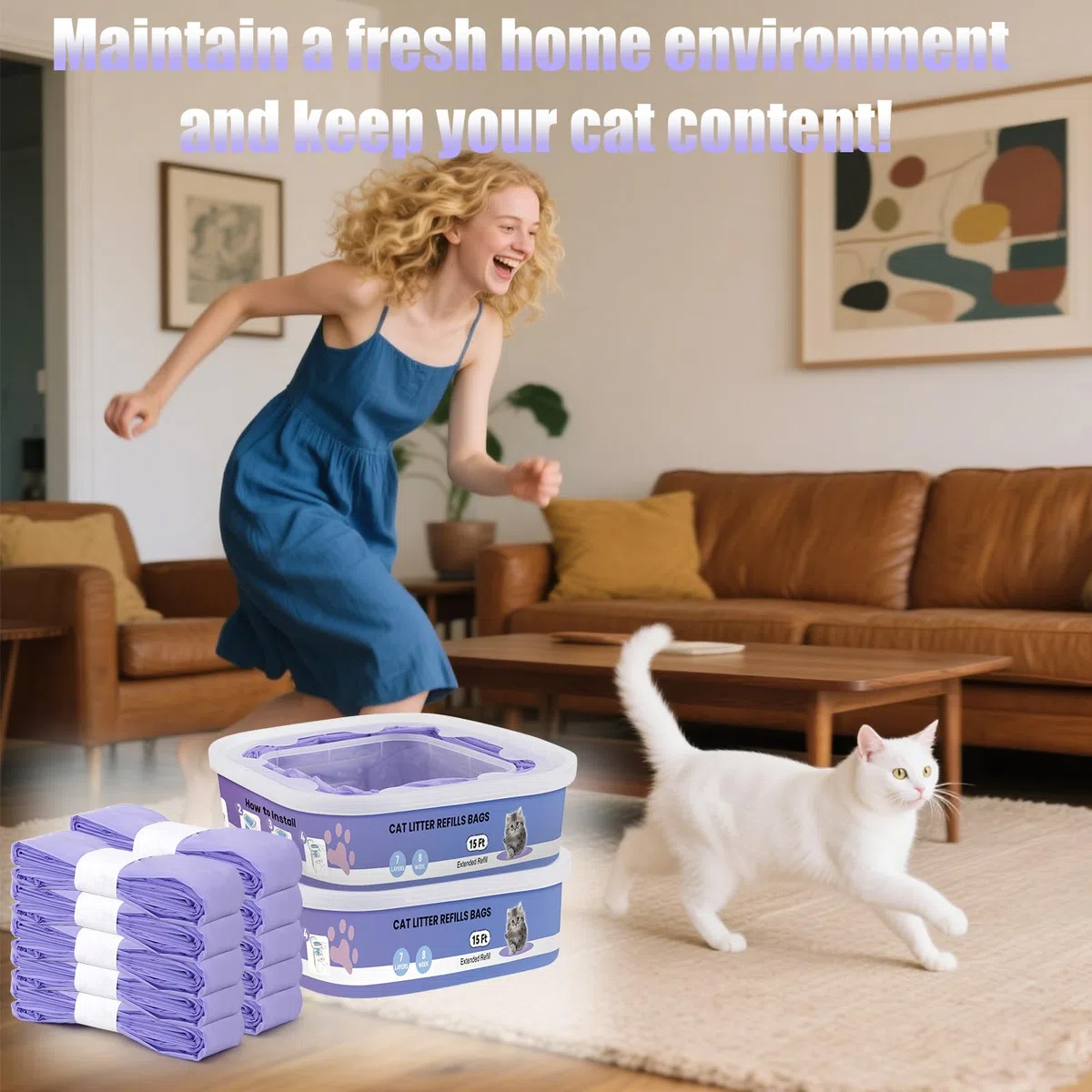 10 ricariche per lettiera,compatibili con i modelli Litter Genie Standard,Plus,XL e Style,Sacchetti di ricambio per lettiera per gatti,con potente azione deodorante, colore viola