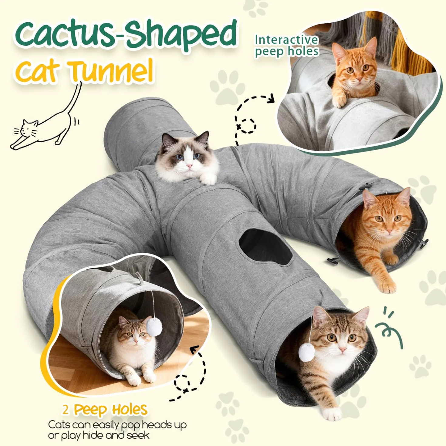 Nobleza Tunnel per Gatti – Tunnel di Gioco Pieghevole in Resistente Tessuto Oxford， con Bacchetta da Pesca e Fori di Avvistamento per Divertimento Interattivo in Casa， Cactus