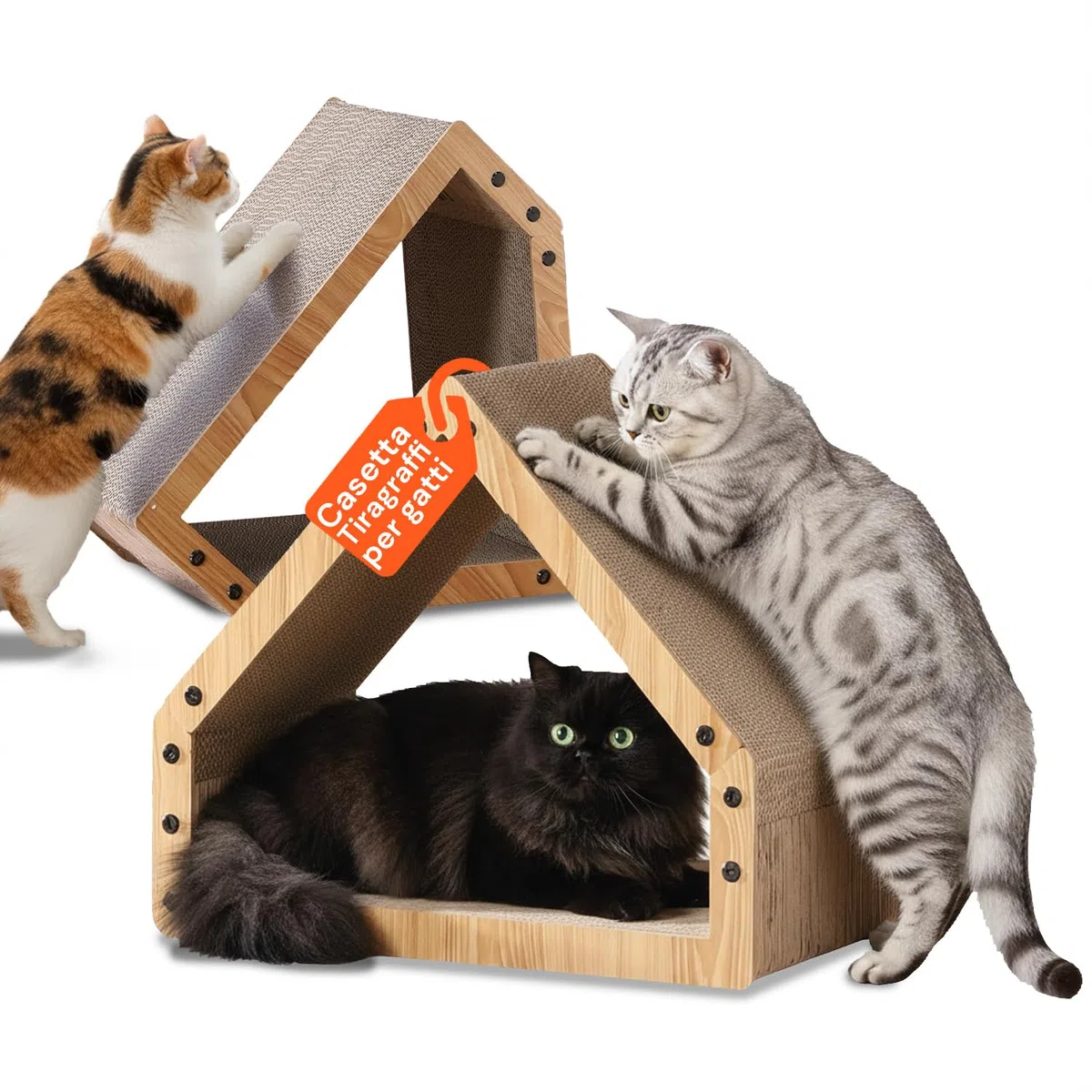 Avilia Tiragraffi per Gatti Casetta in Legno con Rifugio Interno - Graffiatoio e Cuccia 2-in-1 in Cartone Ondulato, Design Salvaspazio 50x30x42 cm, Stabile fino a 10 kg