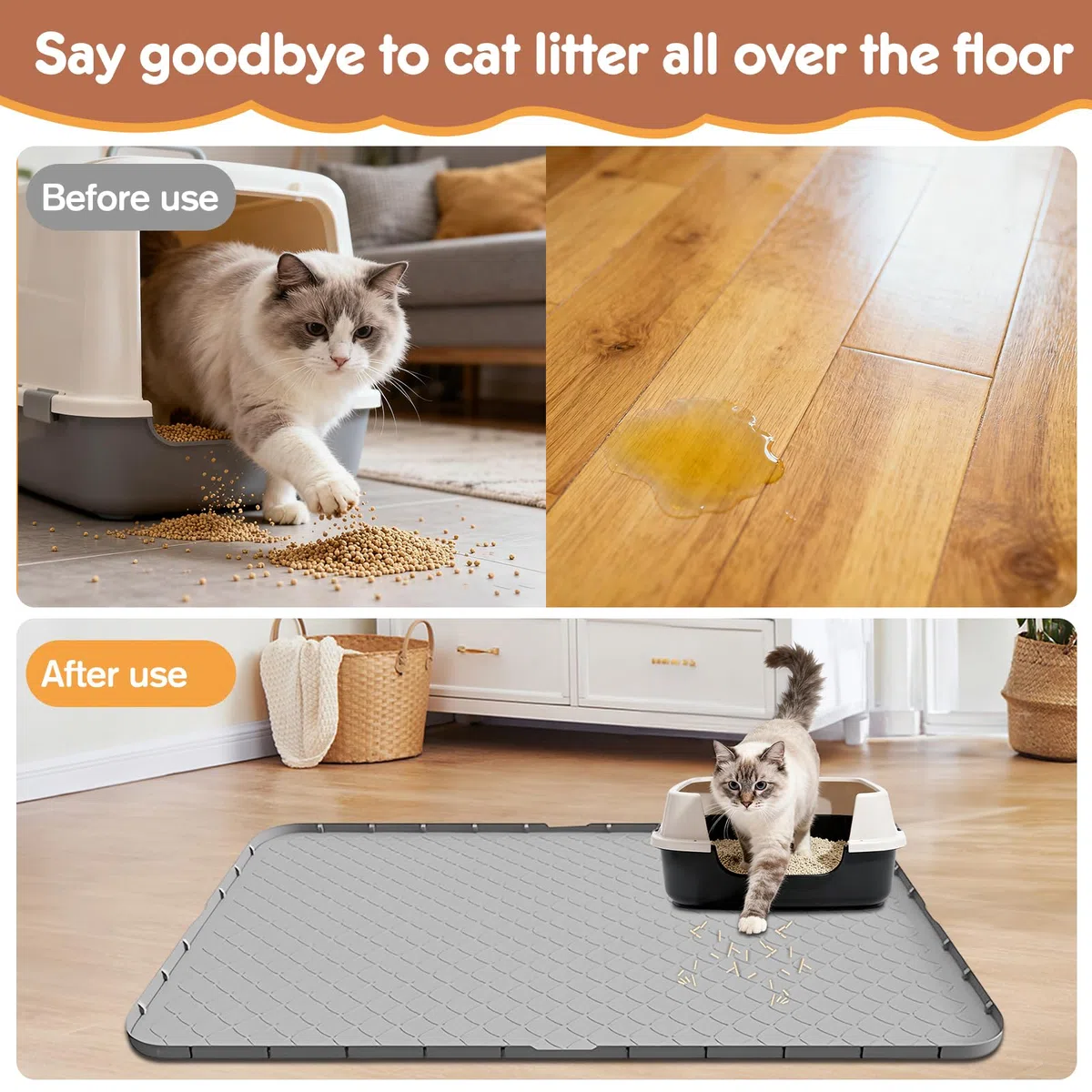 Tappetino Lettiera Gatto, Tappetino per Lettiera Gatto Grande 88x56 Cm, Materiale in Silicone Impermeabile, Grigio