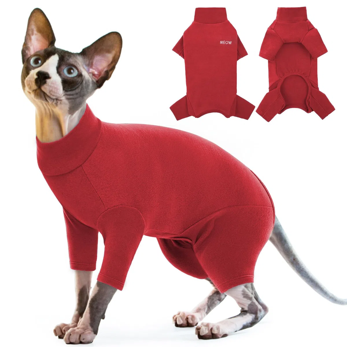 Maglione per gatti, tuta per recupero gatti, maniche lunghe e pancia aperta (rosso, M)