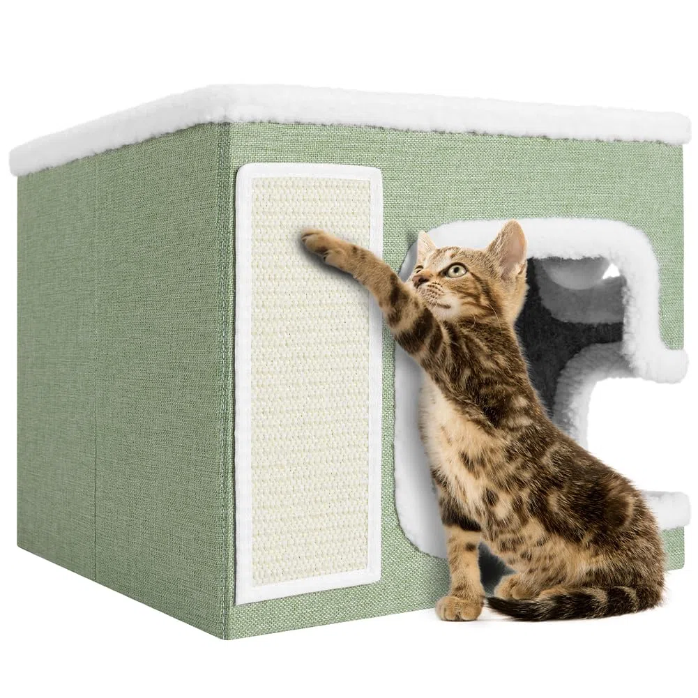 BAKAJI Cuccia per Gatti pieghevole con Grande Ingresso, Casetta Rifugio per Animali Domestici, Tiragraffi in Poliestere Caldo e Imbottito, Cuccetta Graffiatoio Base Antiscivolo 42x42x33 cm (Verde)