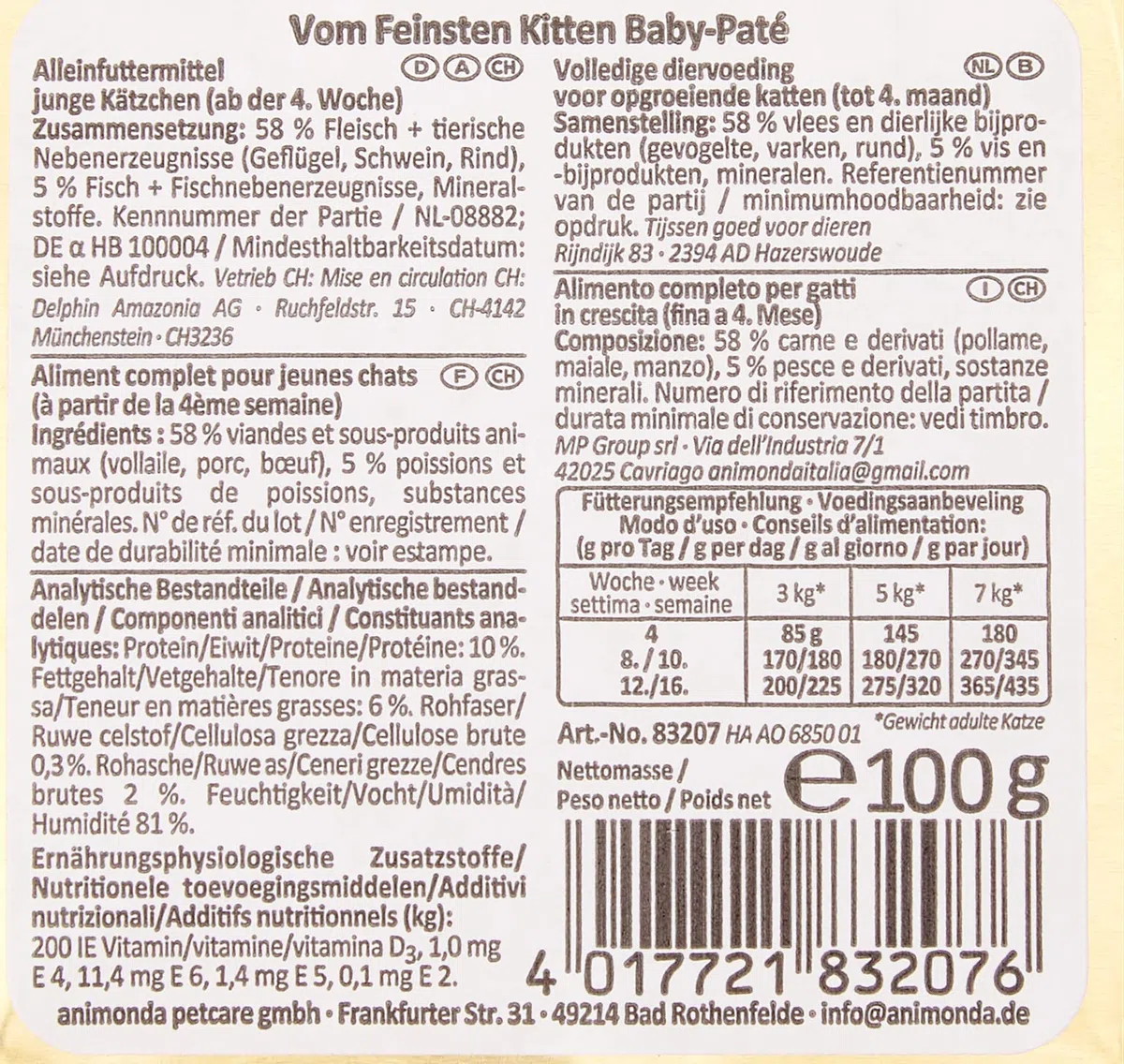 animonda Vom Feinsten Kitten, alimento umido per gattini in crescita nel primo anno di vita, Baby-Paté, 32 x 100 g