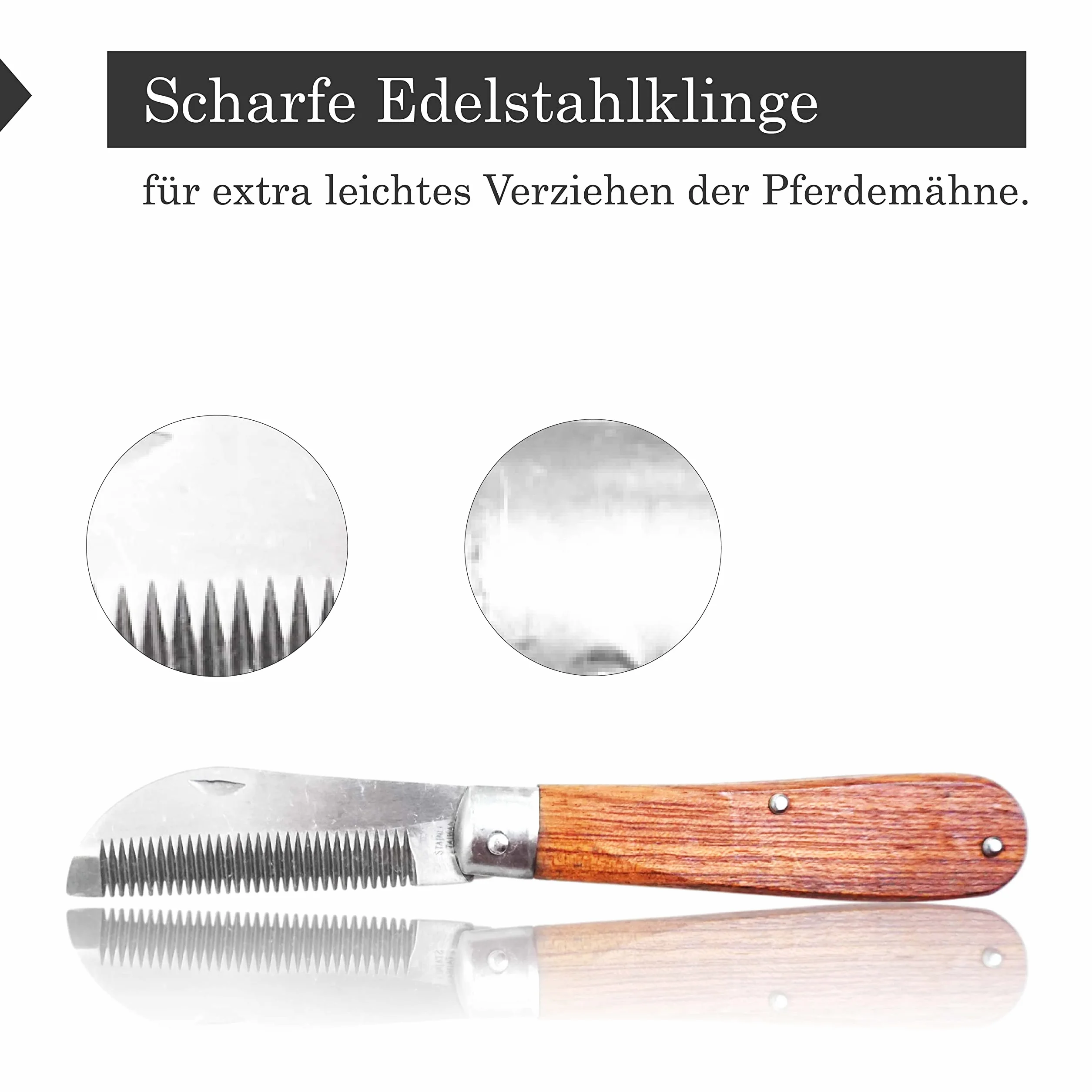 Pferdelinis Coltello da criniera per cavalli, lunghezza 18 cm, pettine per criniera con manico in legno, pieghevole, in acciaio inox (2)