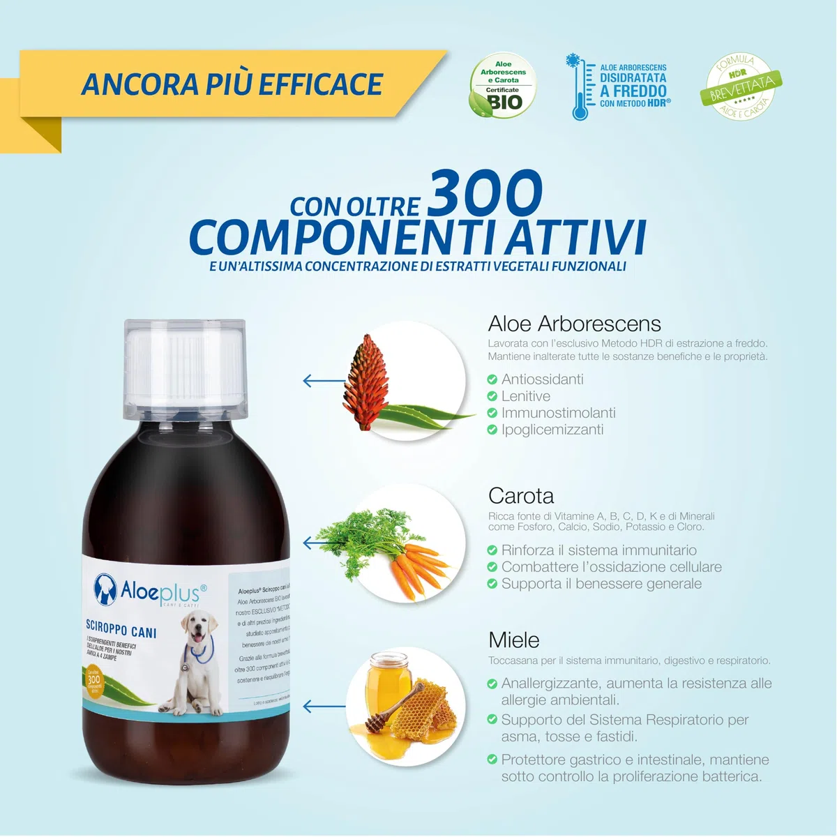 ALOEPLUS Cani Sciroppo 150ml - Alimento Complementare Energetico, Disintossicante a base di Aloe Arborescens BIO, Rafforza le Naturali Difese, Ideale come ricostituente Cani Anziani e Cuccioli