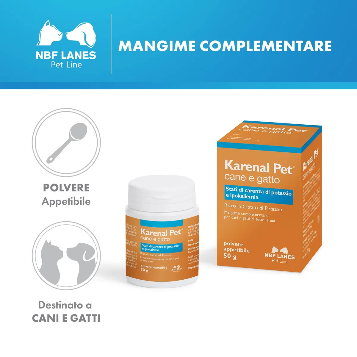 NBF Lanes | Karenal Pet Cane e Gatto, Polvere Appetibile 50 g, per gli Stati di Carenza di Potassio e Ipokaliemia