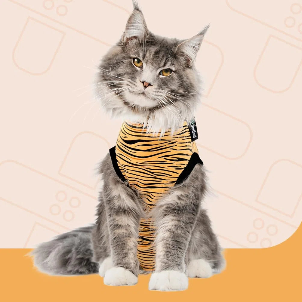 Suitical Recovery Suit for Cats – Tiger Print. Post Operative cat Cone Alternative. (X-Small (Neck to Tail: 15.7-17.7" / 40-45 cm), Tiger Print)