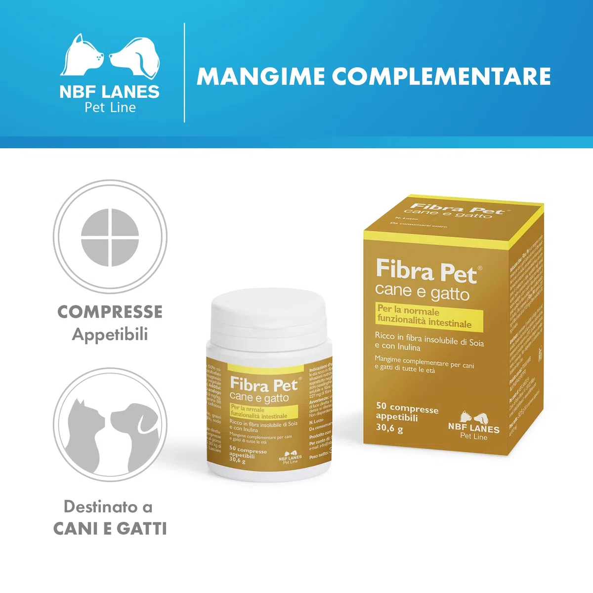 NBF Lanes | Fibra Pet Cane e Gatto, 50 Compresse Appetibili, per la Normale Funzionalità Intestinale