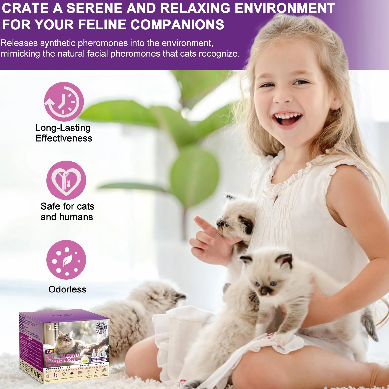 SLE Diffusore Feromoni per Gatti Calmante per Antistress Ridurre l'Ansia e Lo Stress, Feromoni Felini Tranquillanti per Gatti Irrequieti e Stressati (1 Diffuser+3 Refills)