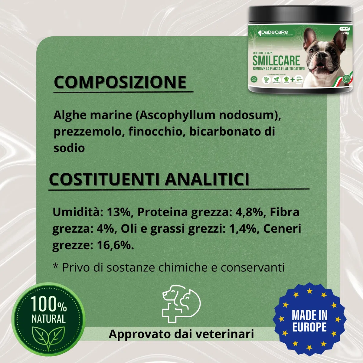 Smilecare - Polvere per alito cattivo 220 g alga Kelp - Alternativa naturale per cani e gatti, migliora il respiro, riduce il tartaro, prevenzione problemi dentali - senza spazzolatura quotidiana