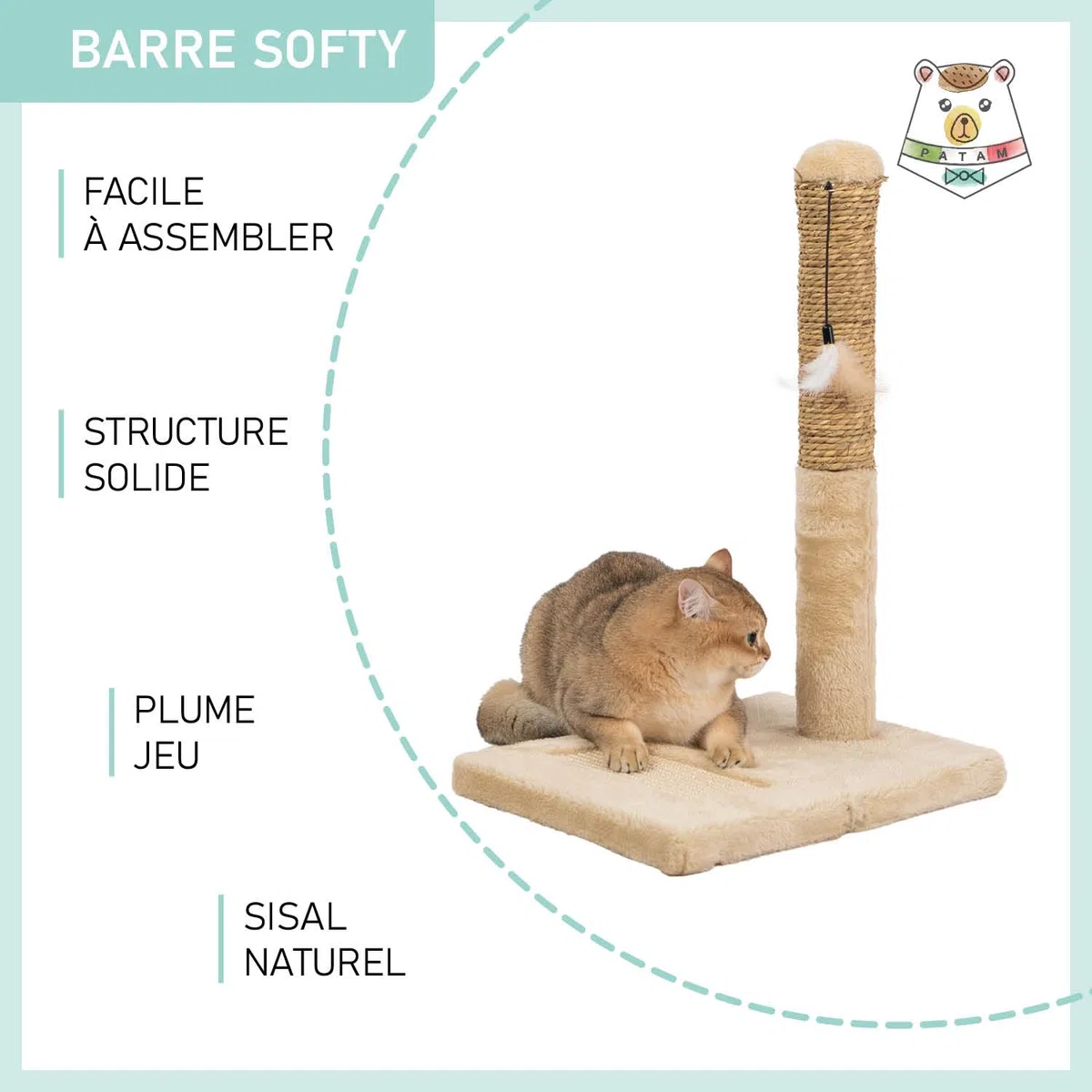 Tiragraffi per Gatti Rivestito in Sisal Naturale altezza 52 cm, Gioco per Gatti - Beige