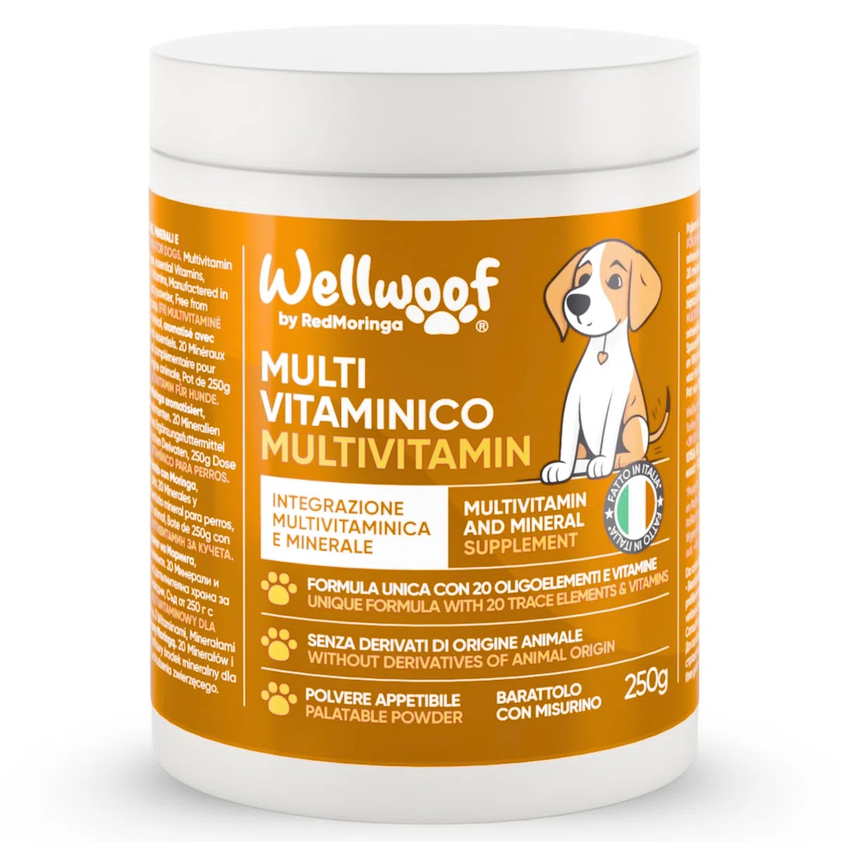 Integratore Multivitaminico Completo 11 in 1 | Integratore per Cani in Polvere (250g) | 20 Vitamine e Minerali e Moringa BIO | Senza Appetizzanti Animali | Dieta Casalinga | Made in Italy - WELLWOOF