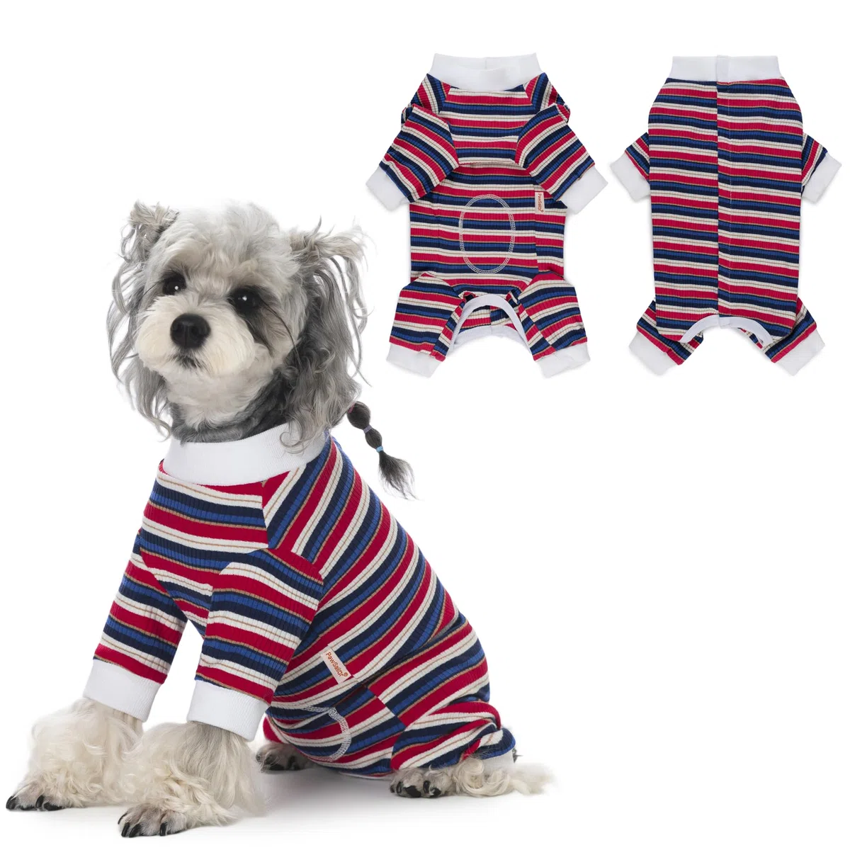 Tuta Precupero per Cani Maniche Lunghe a Righe Body Post Operatorio Cane Femmina Maschio Cuccioli Pigiama Tutina Intera per Cani Previene Leccate, Alternativa al Cono, Blu-Rosso L