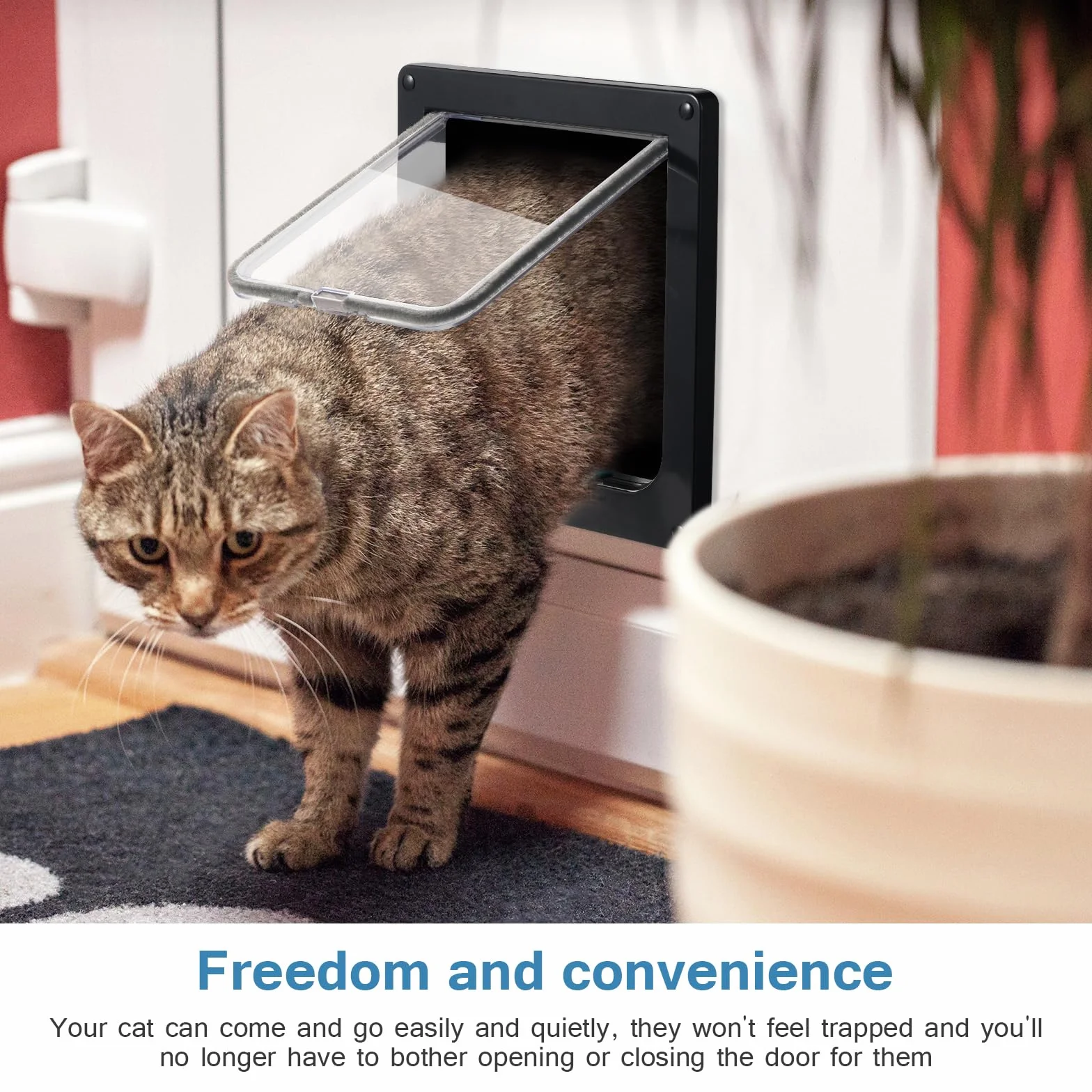 Roxanex Gatto Porta Porta scorrevole di sicurezza per animali domestici con serratura a 4 vie, gattaiola resistente alle intemperie per porta interna esterna, finestra a muro (Nero, L)