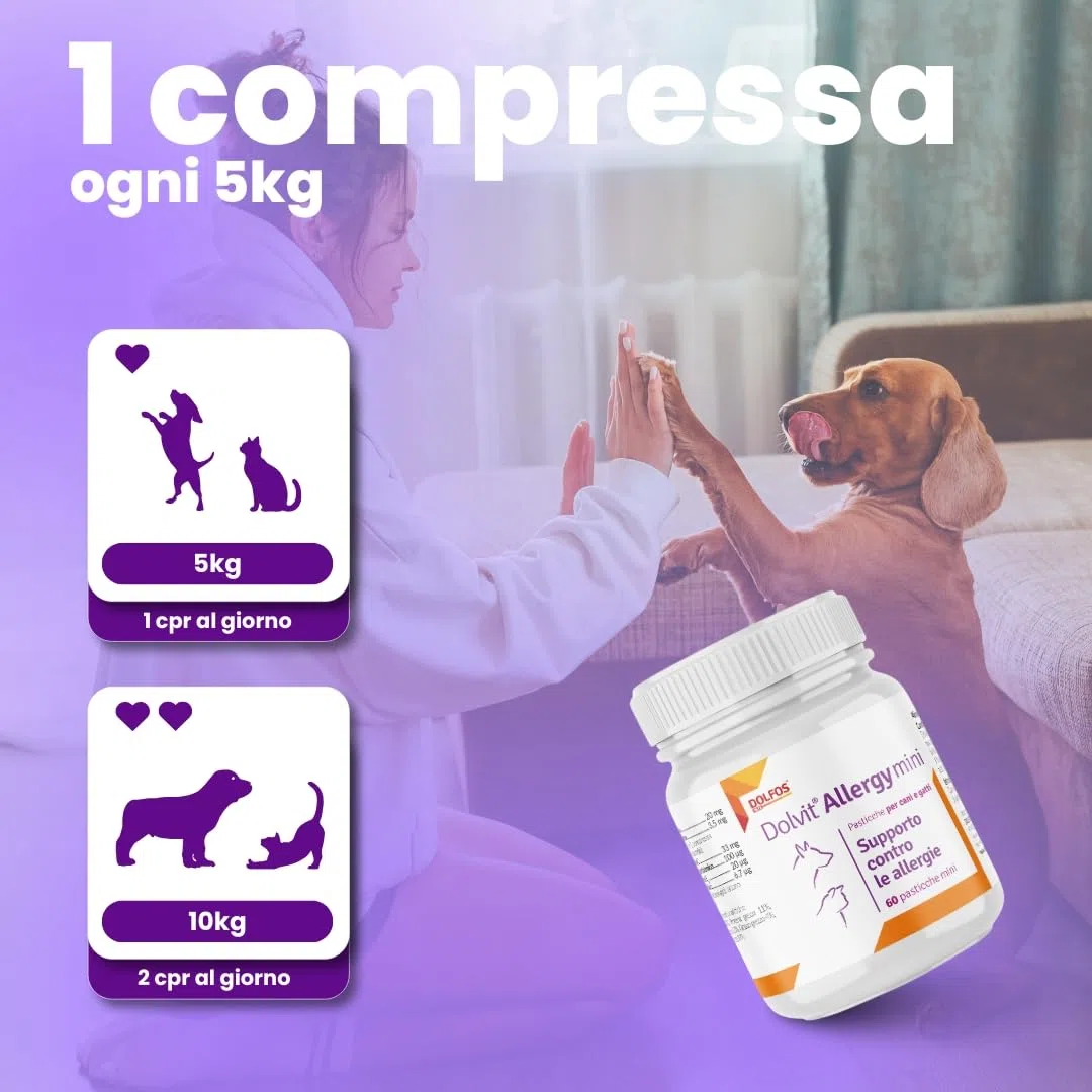 Dolvit Allergy Mini 60 Compresse - Integratori per Cani Naturali - Sollievo da Prurito Cane e Allergie Stagionali - Contrasta Dermatite Cane con formula Sicura e Naturale