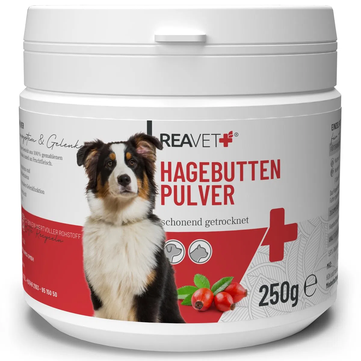 ReaVET Polvere di rosa canina per cani 250 g – Puro naturale di qualità premium, rafforza il sistema immunitario + funzione articolare, ricca di vitamina C I rosa canina polvere per cani e gatti,