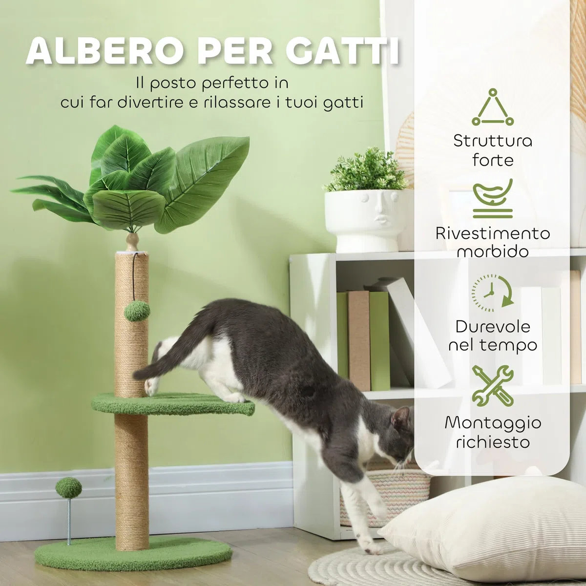 PawHut Albero per Gatti con Palo Tiragraffi, Piattaforme e Palline Giocattolo, Torre per Gatti in Peluche e Truciolato, Ø40x83 cm, Verde