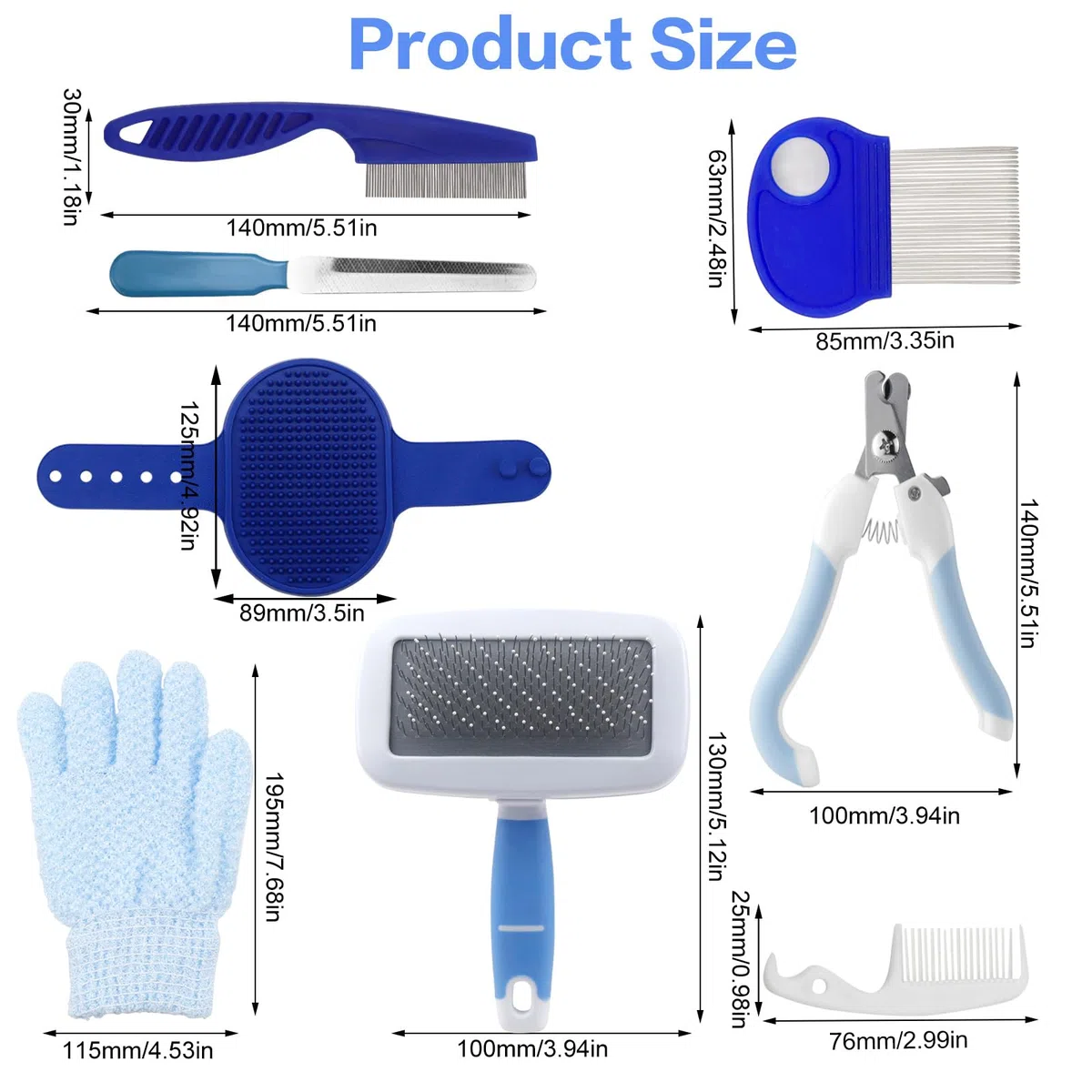 Set di 8 pezzi per la cura dei piccoli animale con trimmer, tagliaunghie, lima, massaggio, guanto da bagno, pettine per pulci per gatti e cuccioli