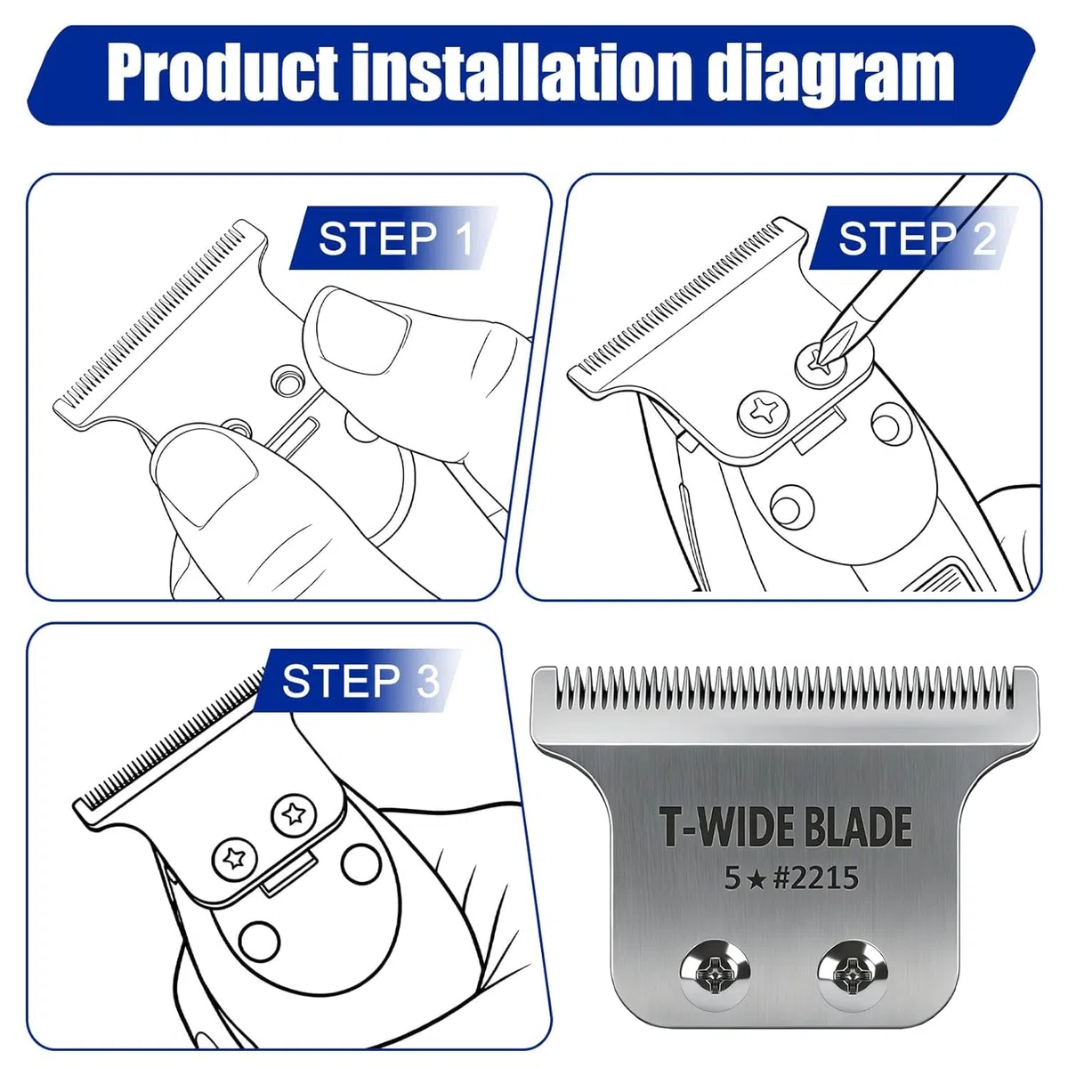 Lama di ricambio professionale 2215 T-Wide, compatibile con il rasoio elettrico Wahl 5 Star Detailer Li (8081, 8171), lama regolabile in acciaio inossidabile a zero spaziamento (confezione da 2)