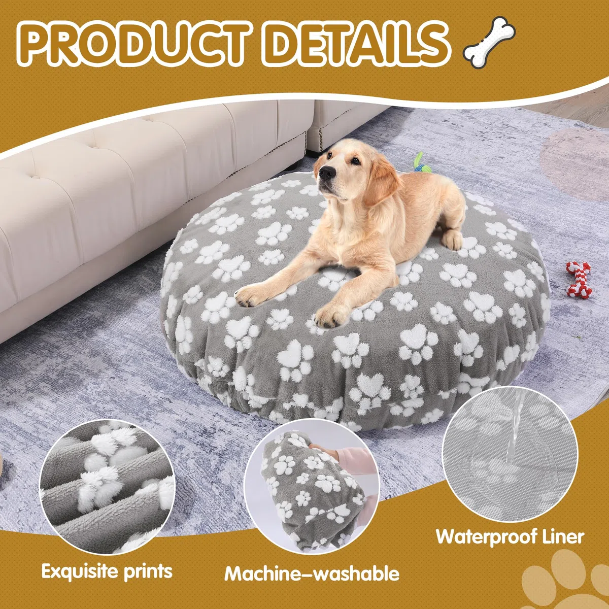 BALAPET Coperta lavabile di ricambio rotonda impermeabile per cani con bella stampa di zampe di cane e design utilizzabile su entrambi i lati, solo copertura (grigio, 91,4 x 91,4 x 19,8 cm)