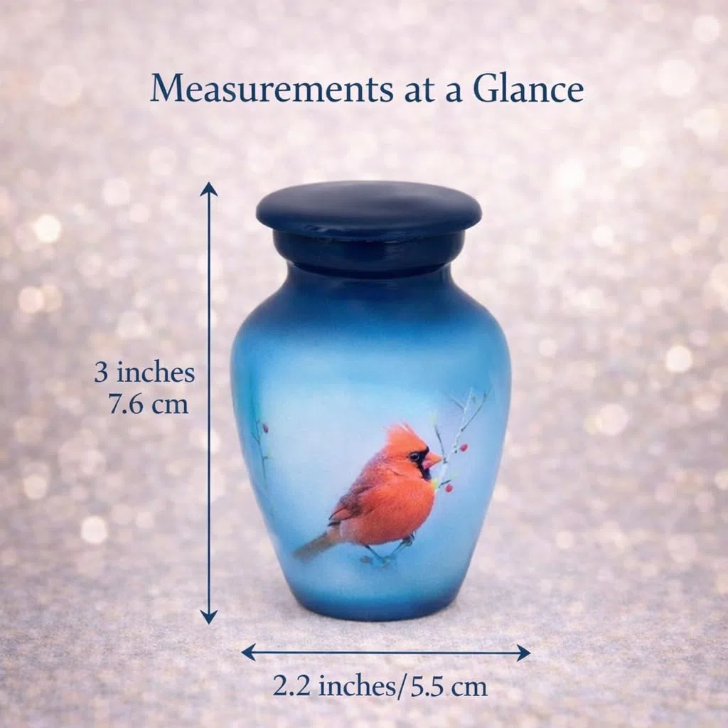 Piccola urna funeraria commemorativa con custodia in velluto | Grazioso mini contenitore in metallo per le ceneri umane o degli animali domestici. (Cardinal, Keepsake)