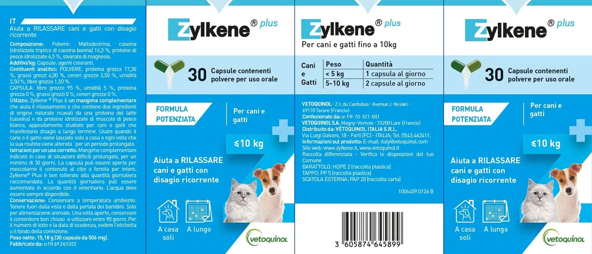 Zylkene Plus Mangime Complementare | Gatti e Cani fino a 10 kg 75 mg | Promuove il rilassamento nelle situazioni di disagio nel lungo termine: Soli a casa, Nuovi animali e neonati | 30 capsule