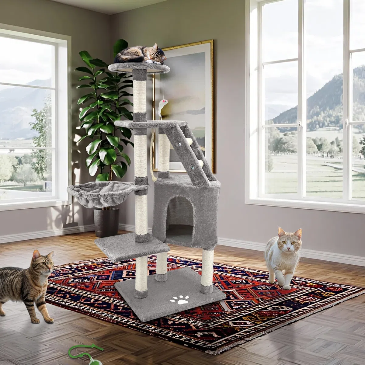 Beltom® TIRAGRAFFI per Gatto 120 CM Gioco Parco Giochi Cuccia Gatti GRAFFIATOIO SISAL Albero CUCCE Tira GRAFFIO Palestra - Grigio