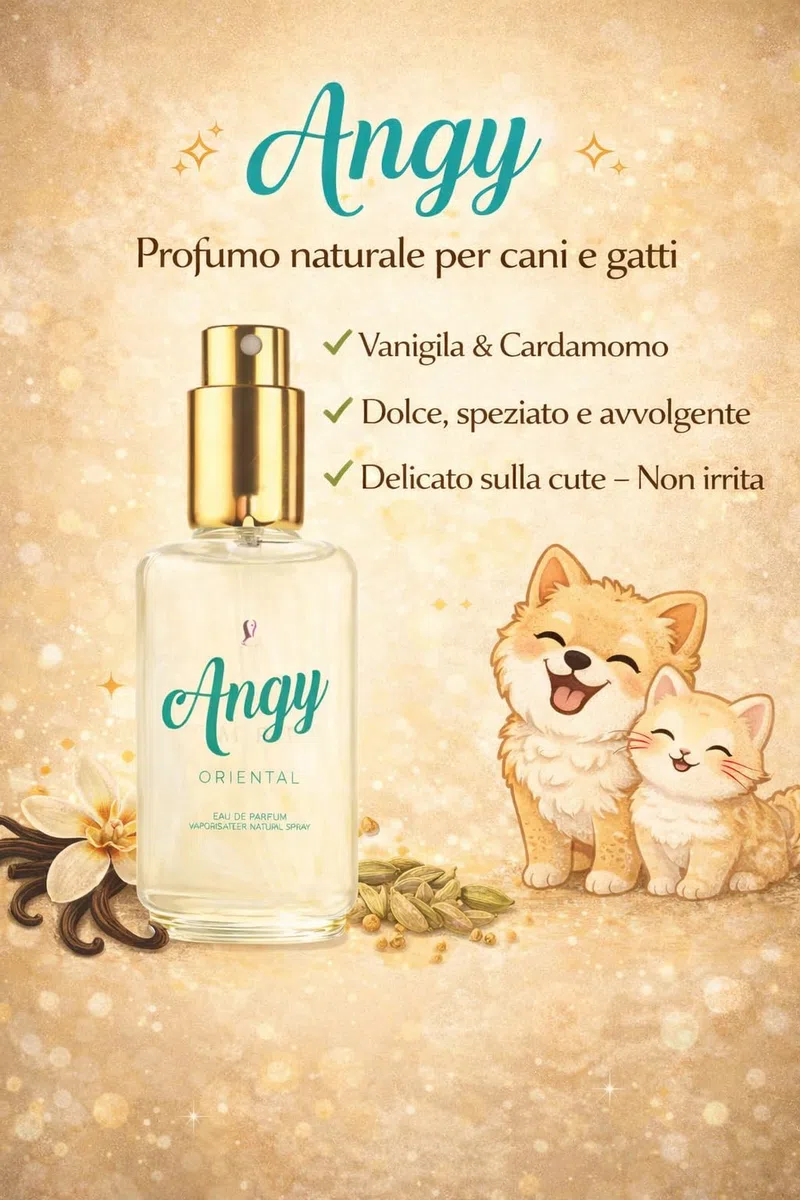 FluidoPet "Angy" Profumo per cani e gatti 100% Naturale e Delicato - Deodorante cane Per uso professionale e domestico. Fragranza Vaniglia e Cardamomo - Spray 50ml
